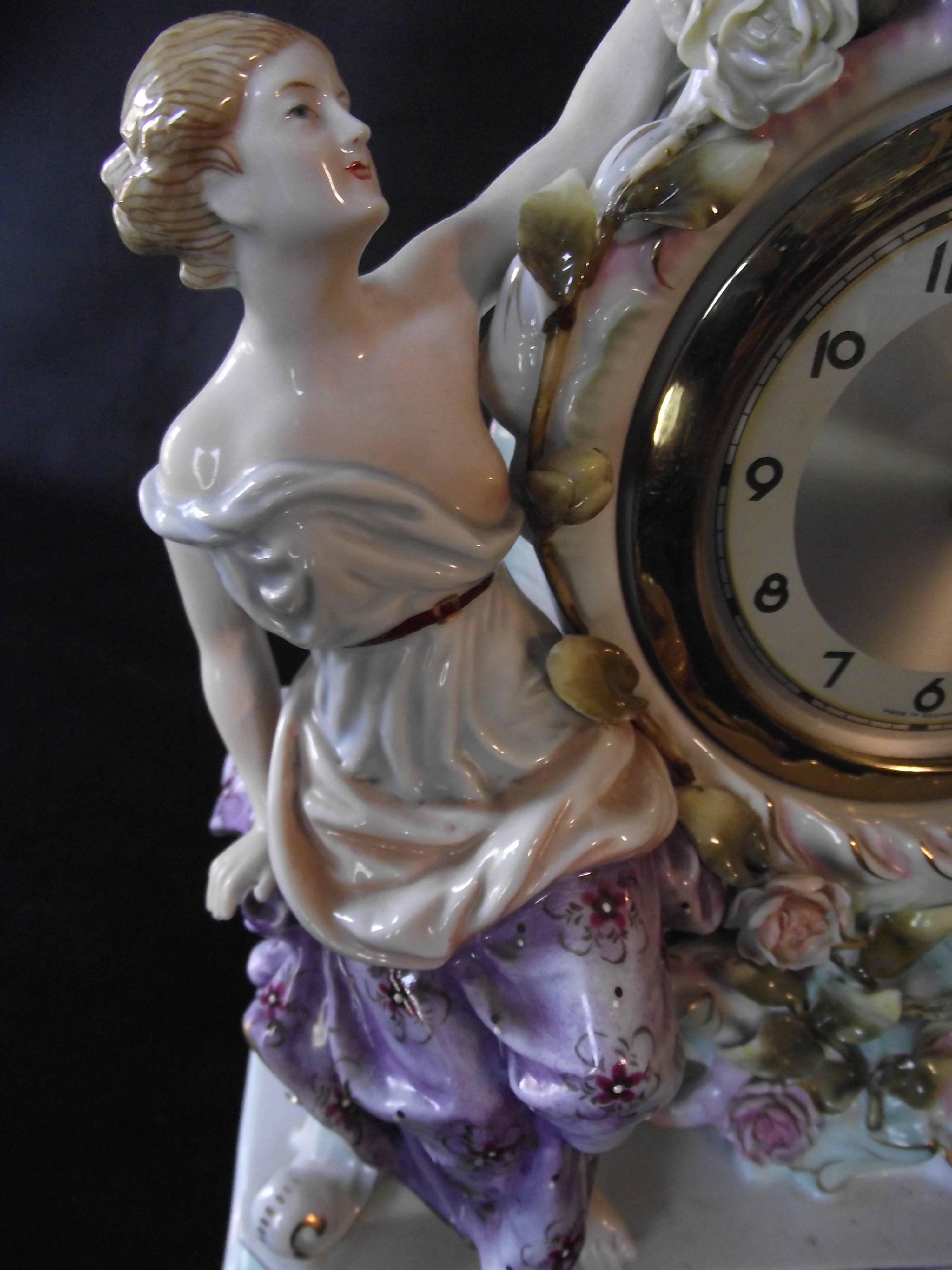 German Antique Porcelain Hand-Painted Baroque Style Mantle Clock/ Aphrodite & Cupid For Sale