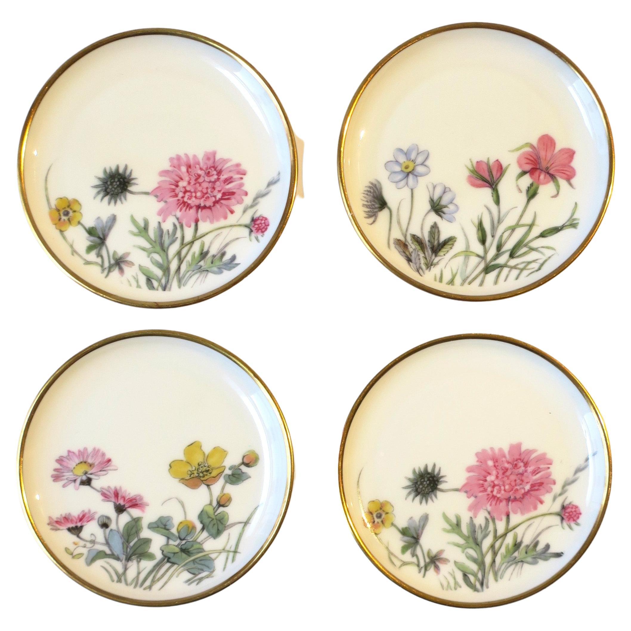 Porcelain Cocktail Drinks Coasters Botanical Design in Pink Yellow Blue, Set 4 For Sale