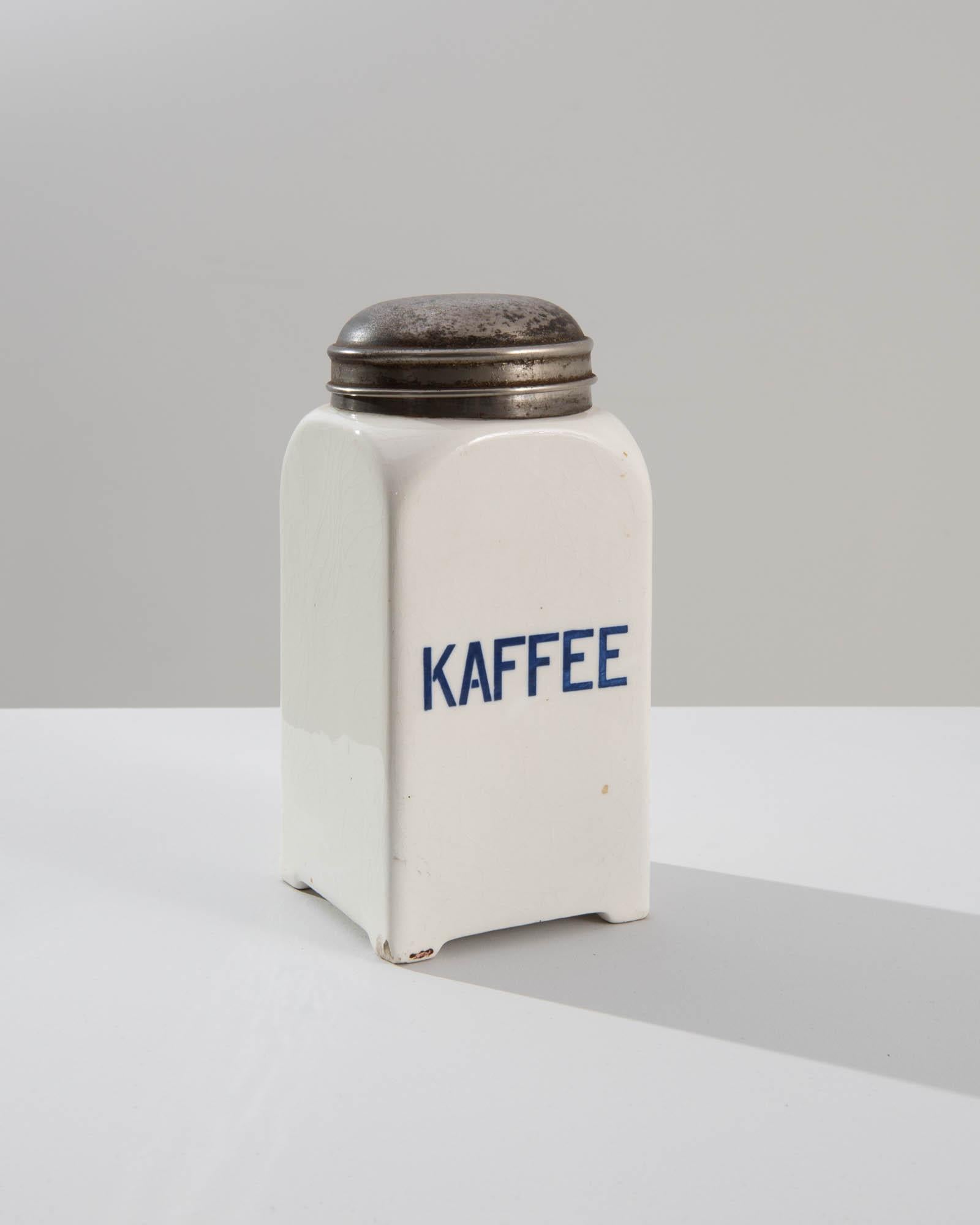 Porcelain Coffee Canister with Metal Lid In Good Condition For Sale In High Point, NC