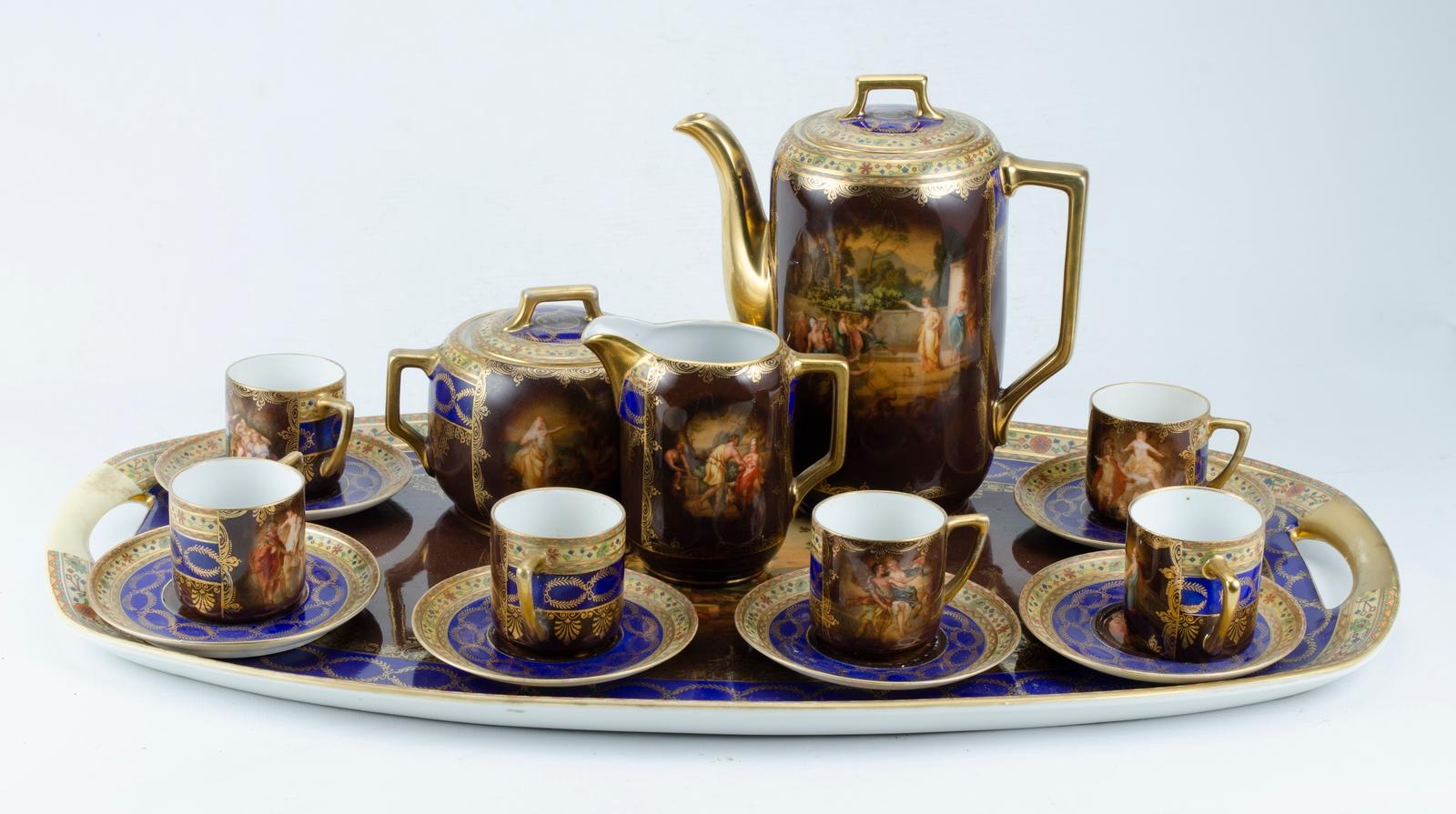 Porcelain coffee set
Origin Czechoslovakia Circa 20th century
Neoclassical Design
Very good condition and without restorations
Wear on tray handles from use
16 hand-painted pieces
Measurements are with everything on the tray.