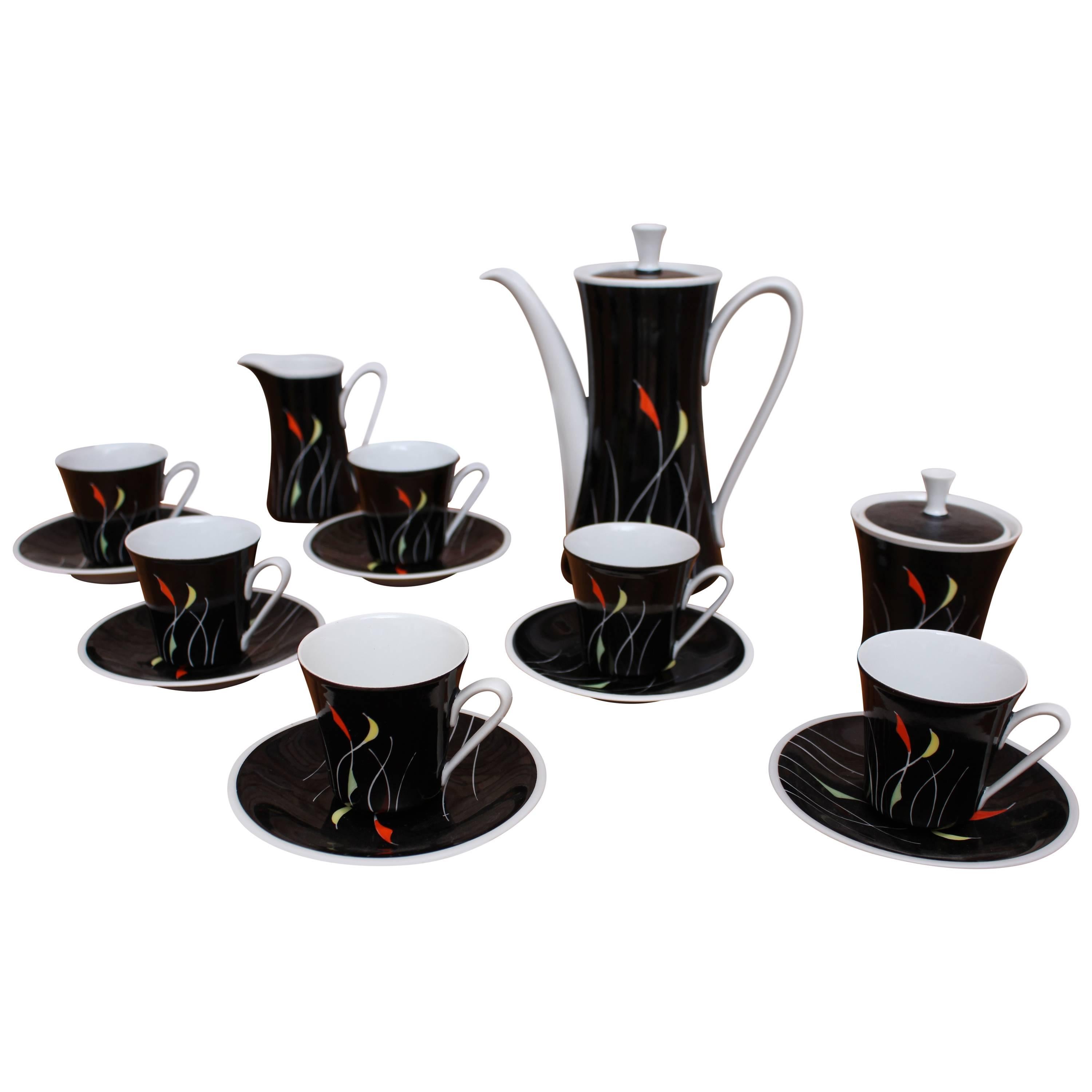 Porcelain Coffee Set from Kahla in Black and White, 1960s, Hand-painted Pattern For Sale