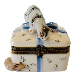 Porcelain Collectible Box Cat with Mouse