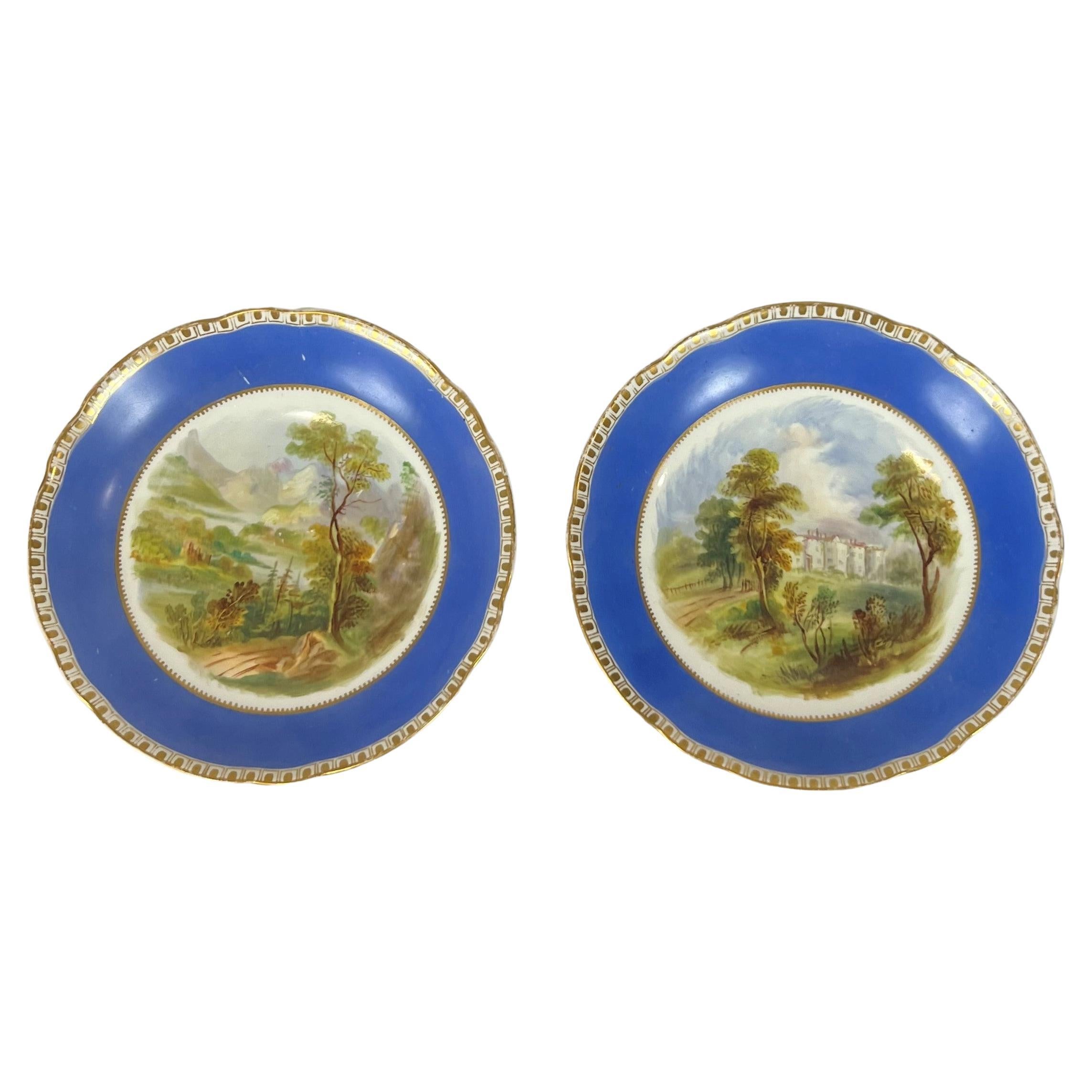 Porcelain Compotes Loch Creran and Clark Castle Scotland blue gilt painted For Sale