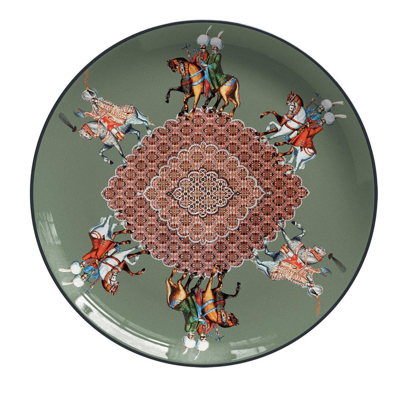 A dream-like interpretation of the lavishness of the Sultans' palaces of the Byzantine Empire, this stunning set of two porcelain dessert plates combines details of Constantinople's architecture at the center, and elegant figures on horses dresses