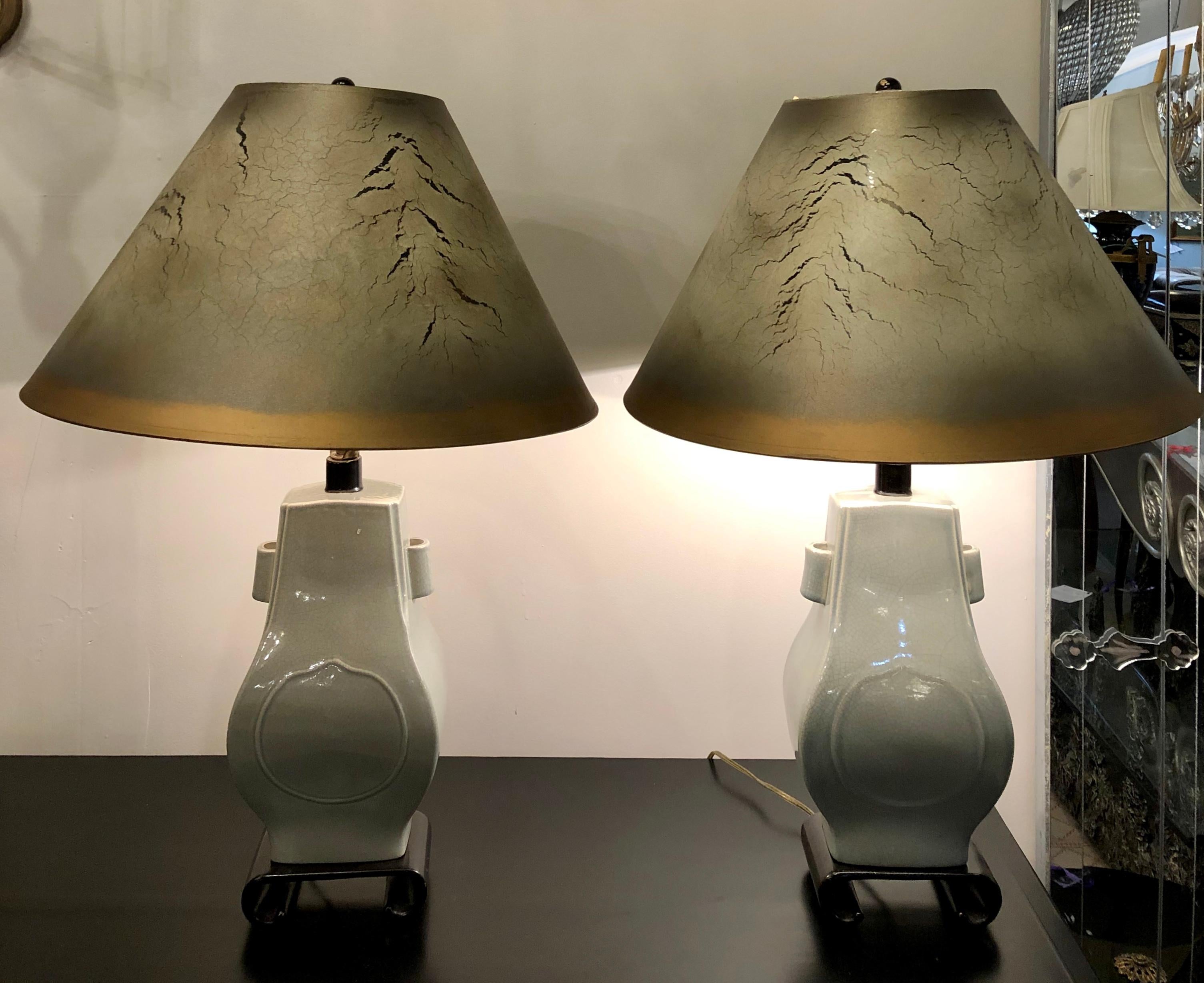 Chinese Export Porcelain Crackle Glaze Table Lamps Chinese Inspired Pair with Custom Shades For Sale