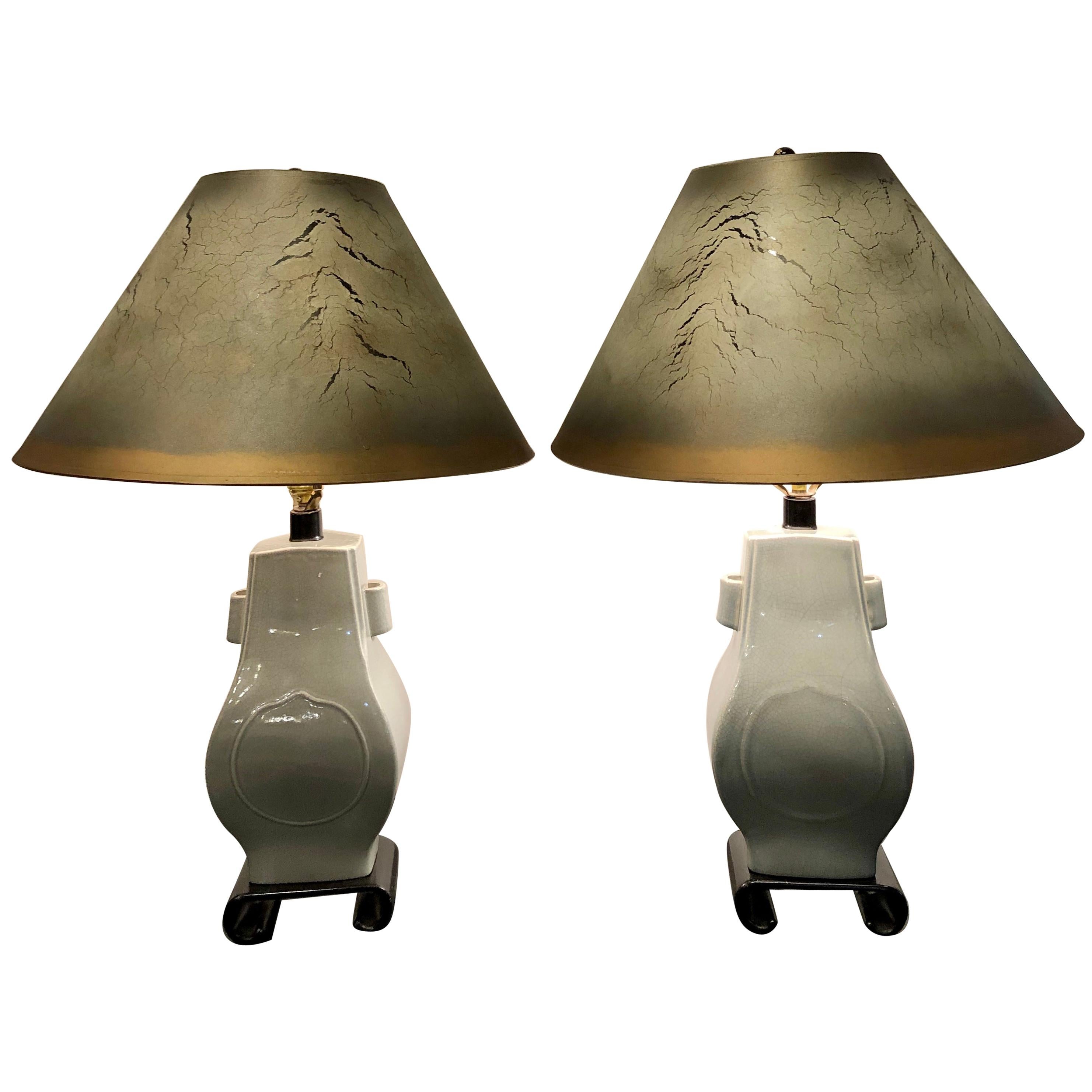 Porcelain Crackle Glaze Table Lamps Chinese Inspired Pair with Custom Shades For Sale