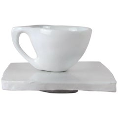 Porcelain Cup with Handle and Platform with White Glossy Glaze