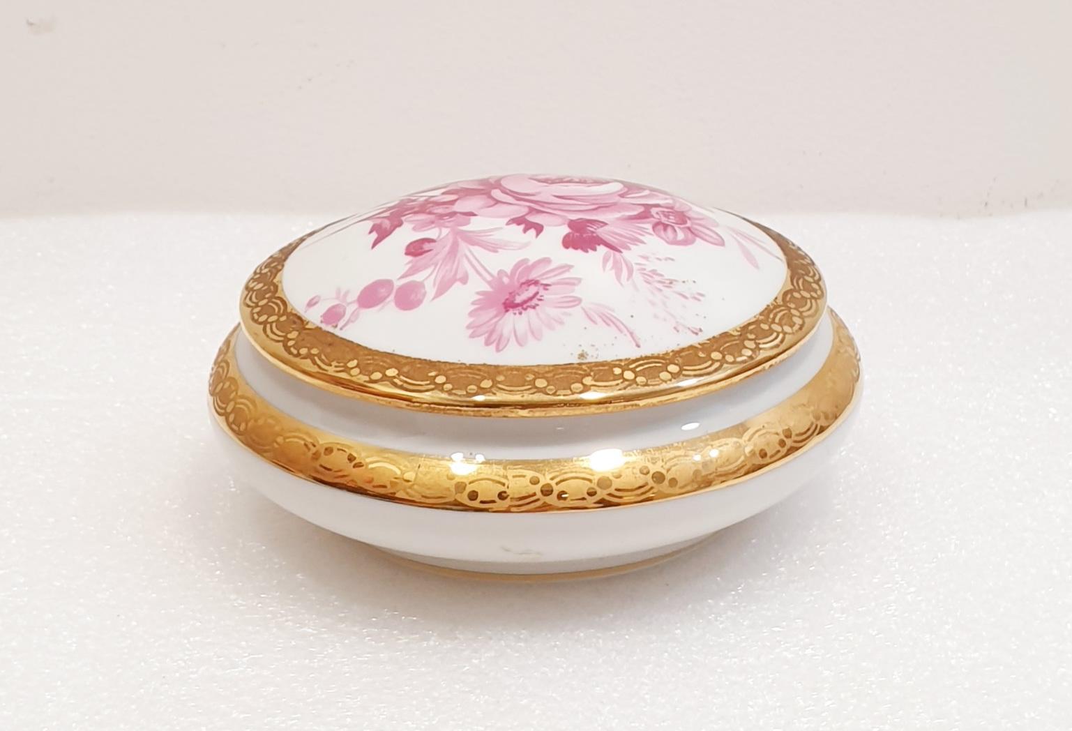 French Porcelain De Limoges France Trinket Box 22k Gold Hand Applied Accents