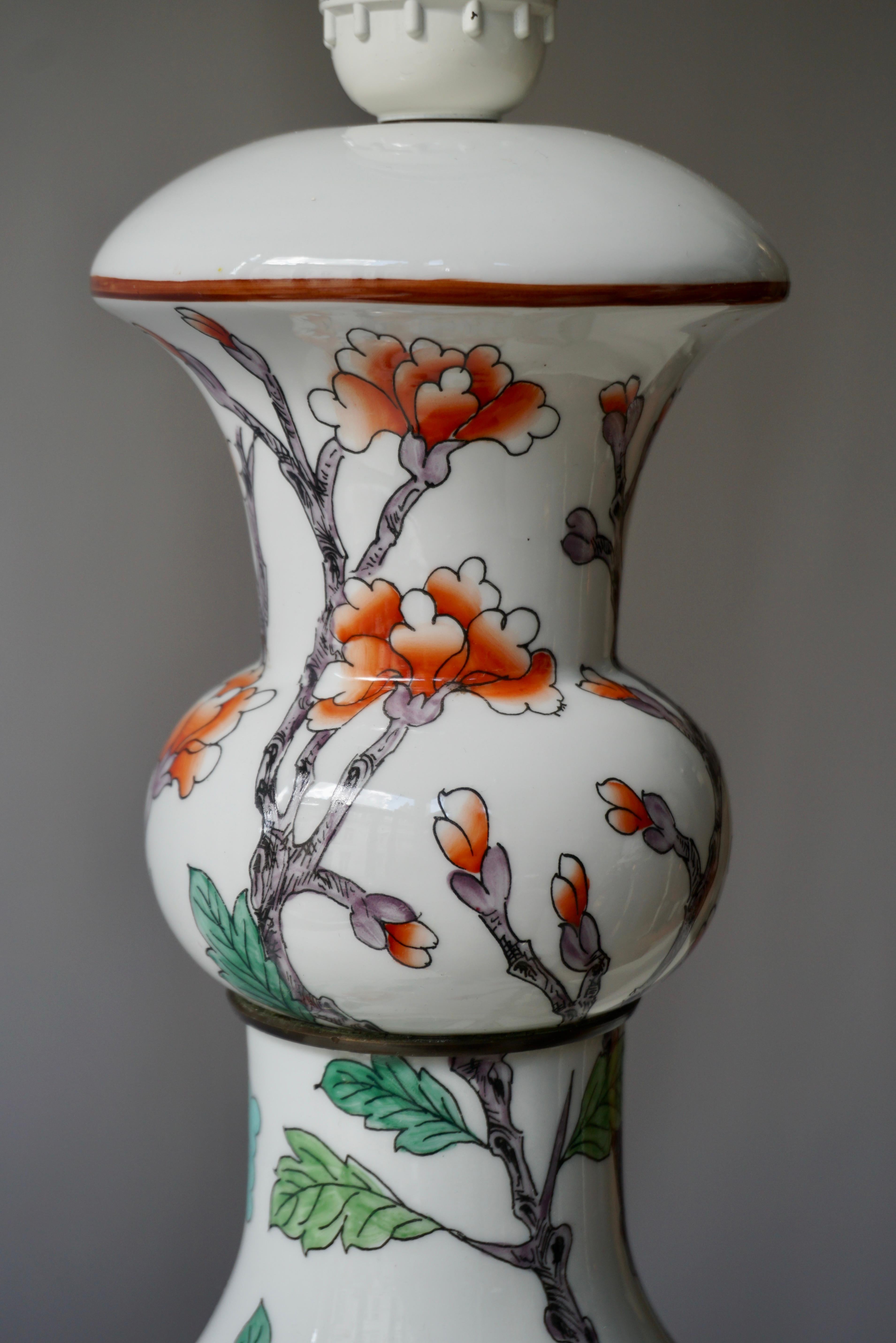 20th Century Porcelain de Paris Hand Painted Flower Bird Lamp For Sale