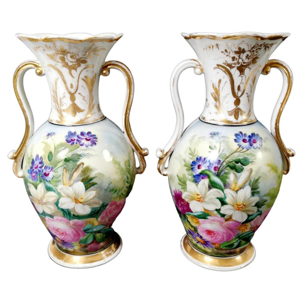 Porcelain De Paris Napoleon III Pair of French Hand Painted Vases For Sale