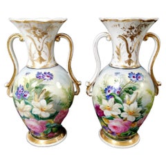 Porcelain De Paris Napoleon III Pair of French Hand Painted Vases