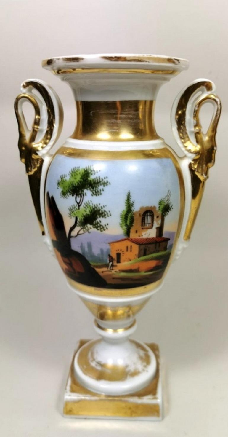 Hand-Painted Porcelain de Paris Pair of Hand Painted Vases Napoleon III, France For Sale