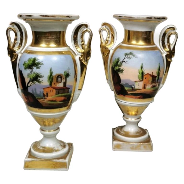 Porcelain de Paris Pair of Hand Painted Vases Napoleon III, France For Sale