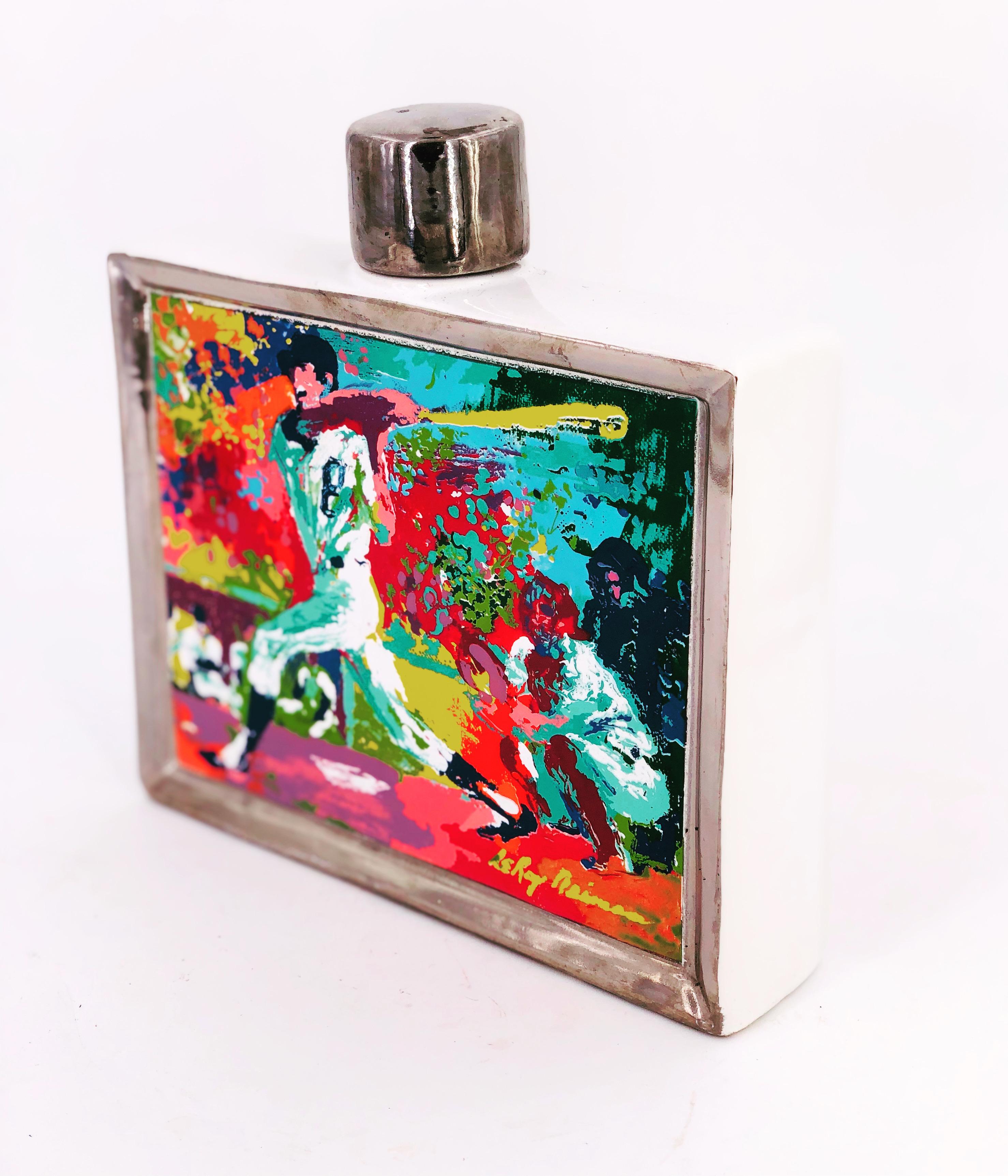 Bellissimo decanter decorativo in porcellana di Leroy Neiman, 1979 circa, memorabilia del baseball, colori intensi e condizioni pulite.