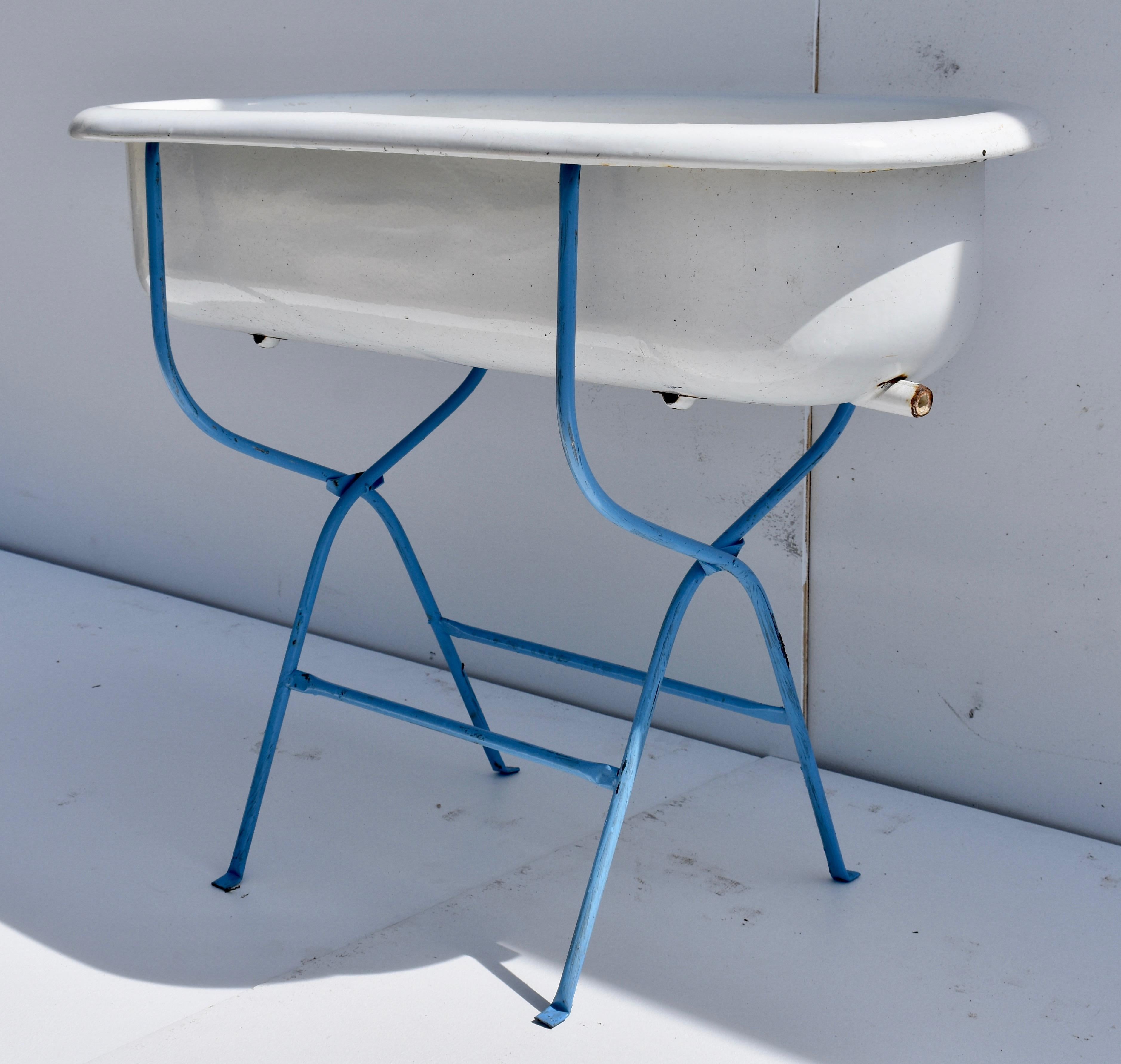 Hungarian Porcelain Enamel Baby Bath on Stand