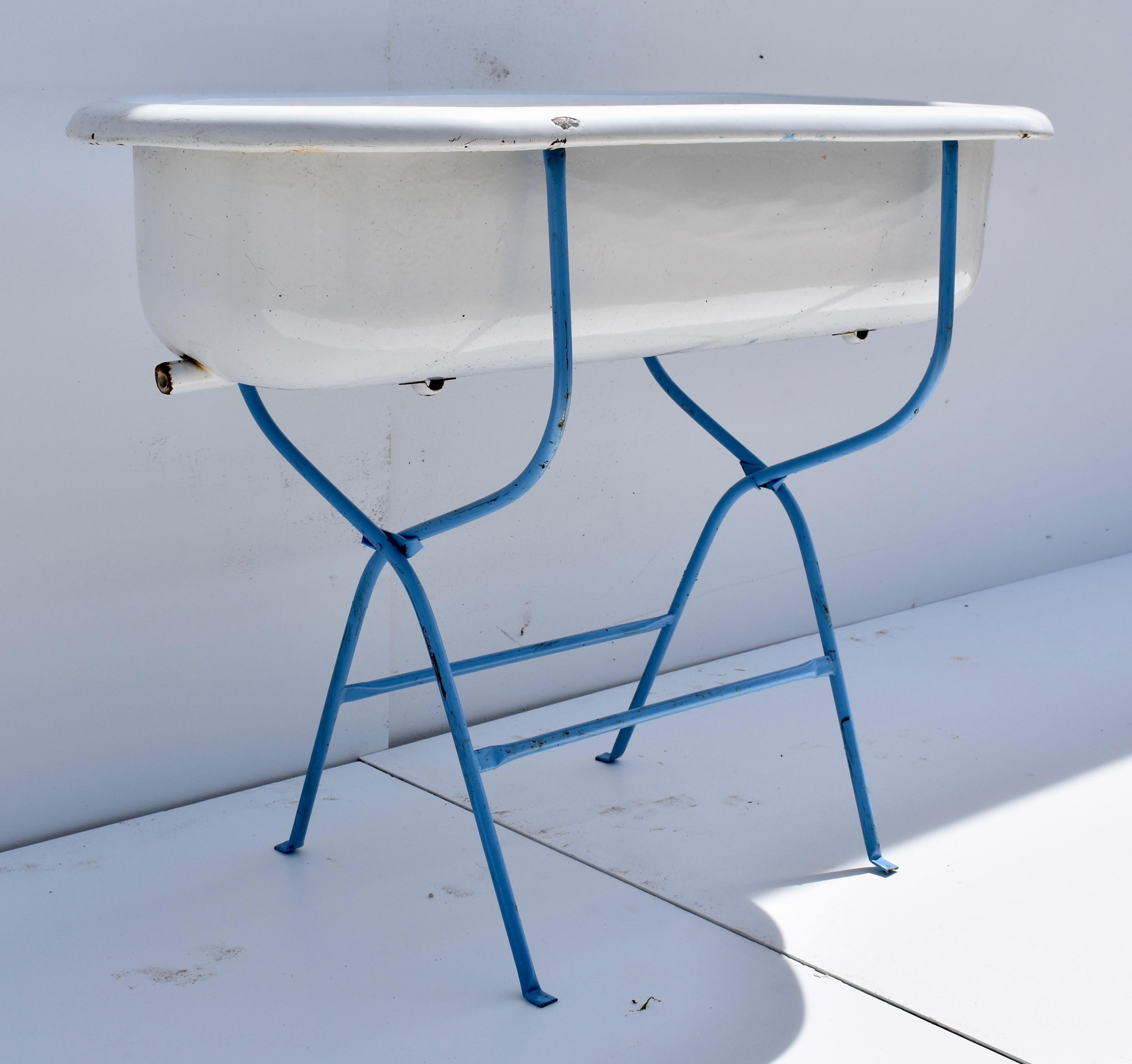 20th Century Porcelain Enamel Baby Bath on Stand