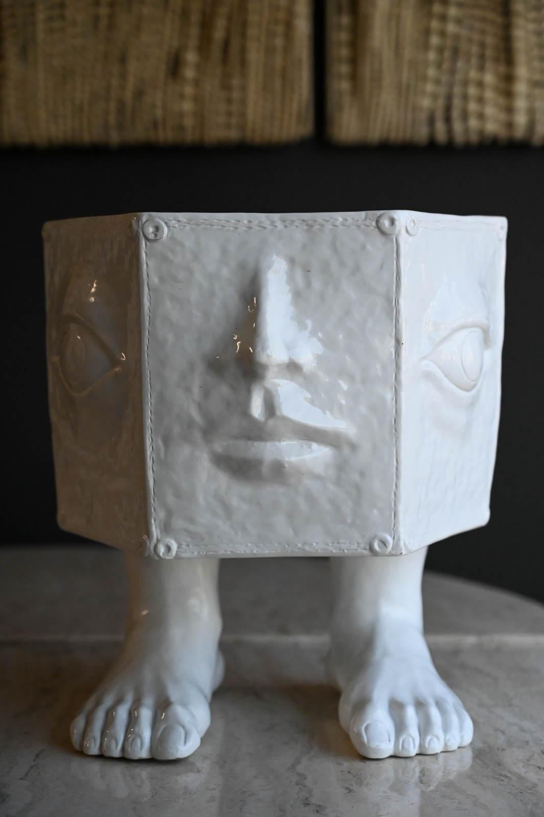 Porcelain Face and Foot Planter by Taste Setter Sigma Italy, ca. 1970.  Beautiful white glazed porcelain face and footed vase/planter.  Excellent original condition with no chips or cracks.  Each side has a different motif of nose, eyes, ears,