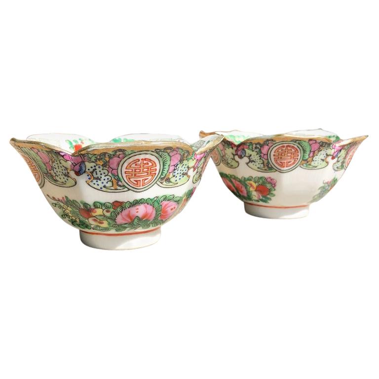 Porcelain Famille Rose Pink Green Gold Lotus Shape Bowls A Pair of Qing Dynasty