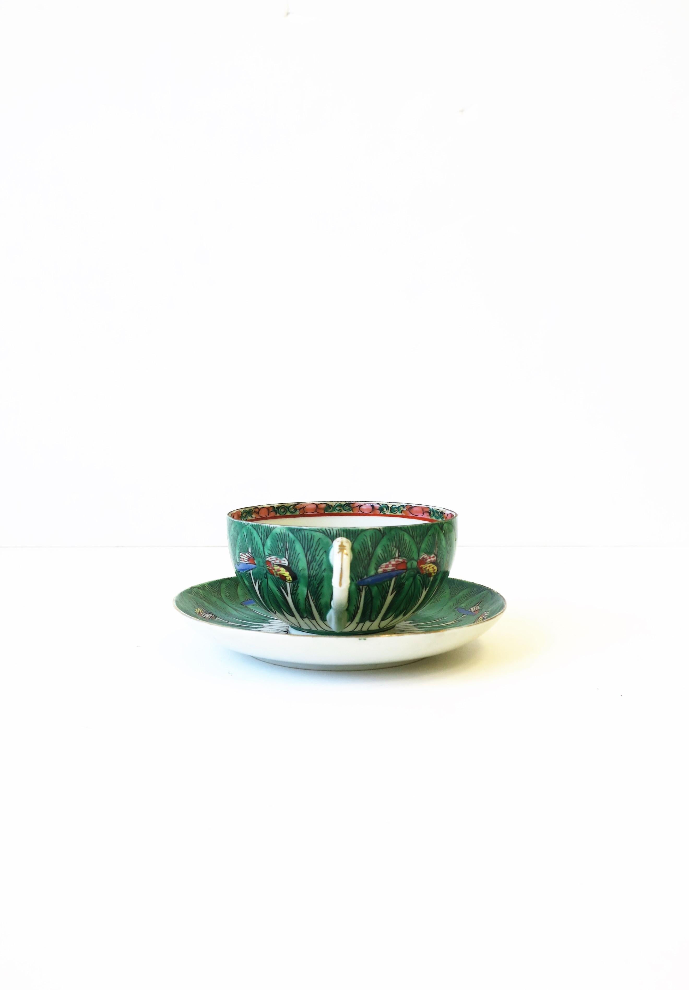 Famille Verte Porcelain Cabbage Leaf & Butterfly Coffee or Tea Cup and Saucer For Sale 2
