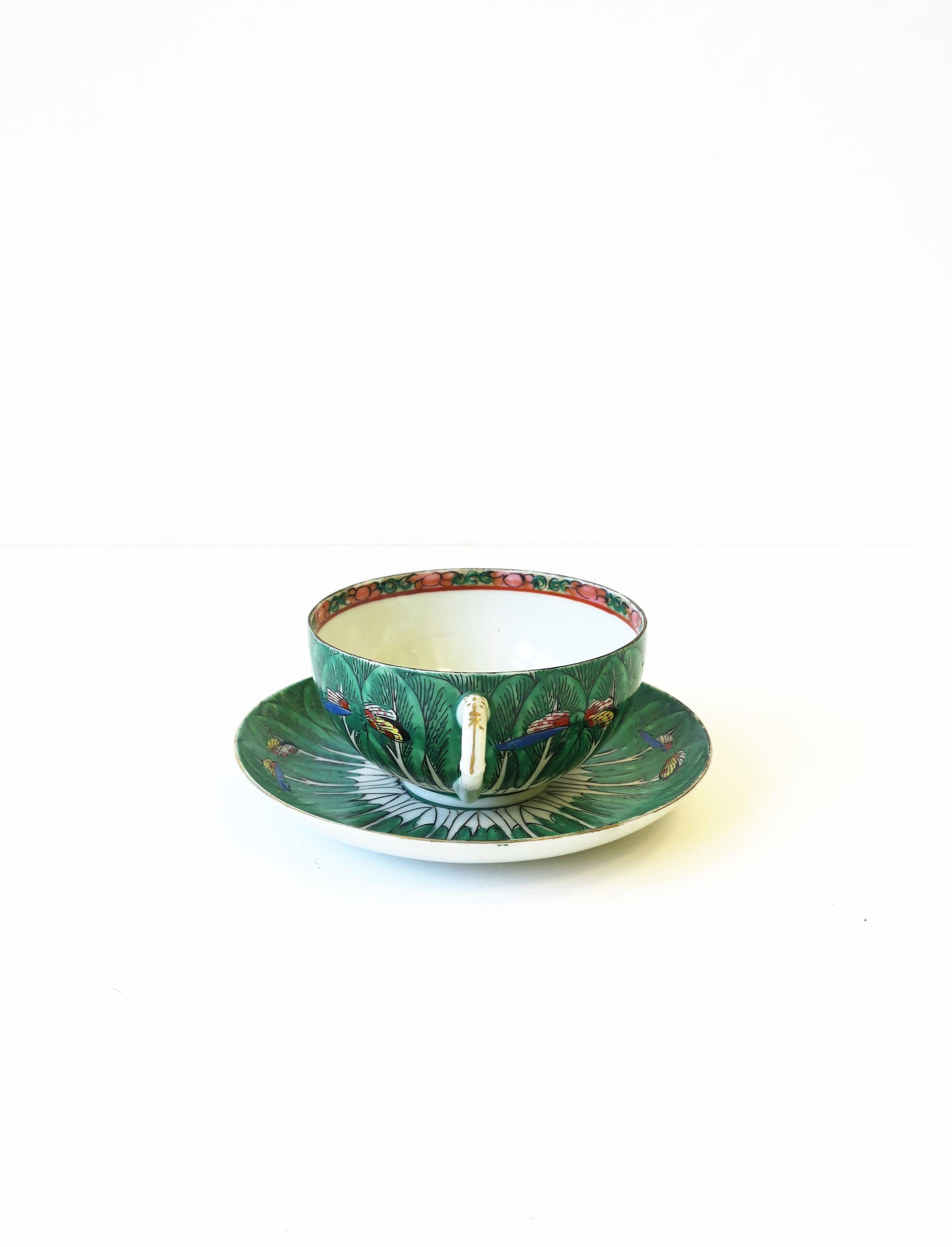 Famille Verte Porcelain Cabbage Leaf & Butterfly Coffee or Tea Cup and Saucer 3