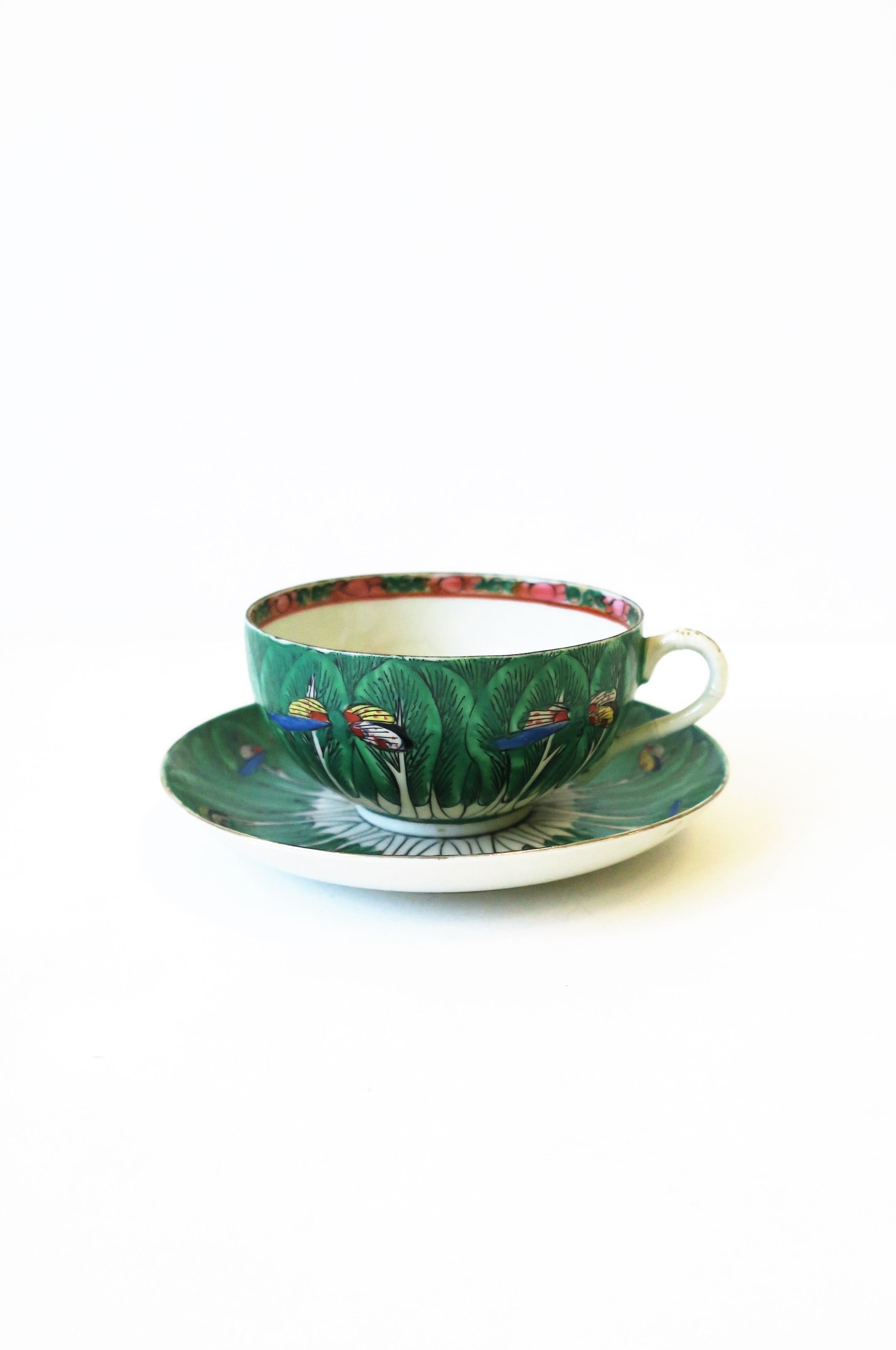 Chinese Export Famille Verte Porcelain Cabbage Leaf & Butterfly Coffee or Tea Cup and Saucer