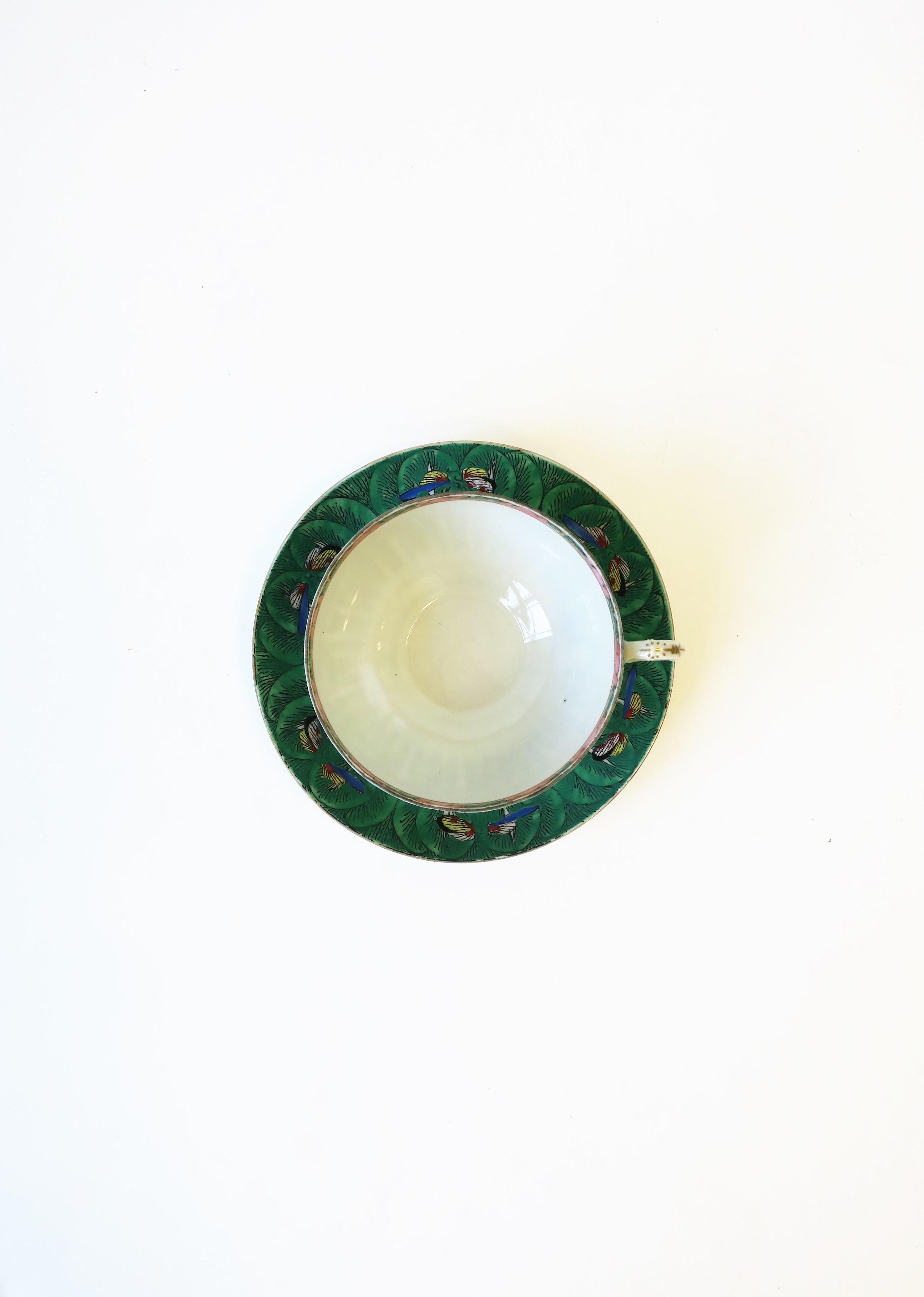 Chinese Famille Verte Porcelain Cabbage Leaf & Butterfly Coffee or Tea Cup and Saucer