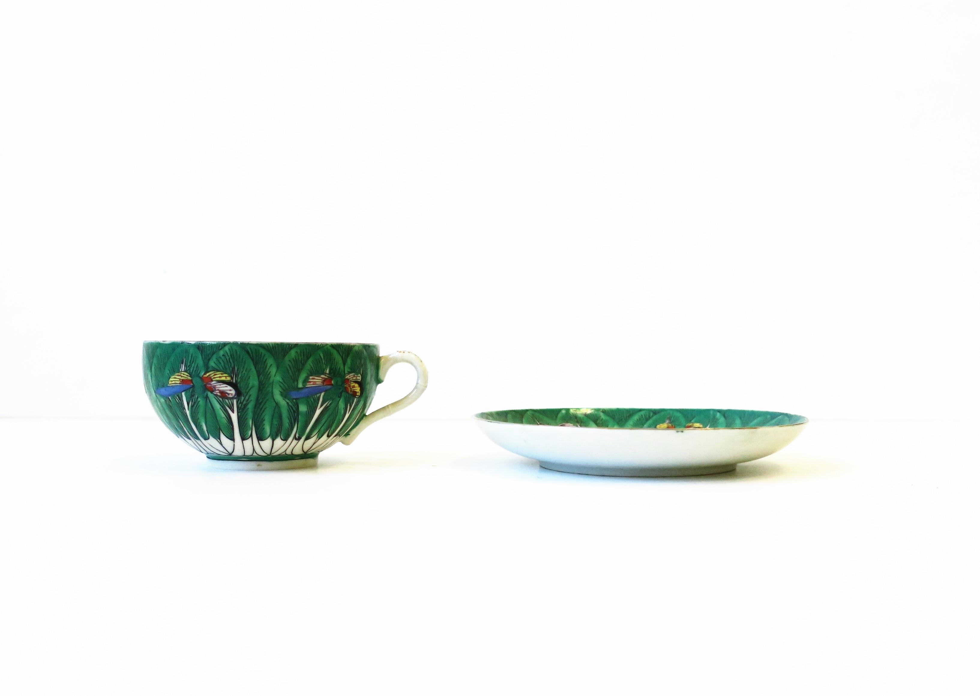 Famille Verte Porcelain Cabbage Leaf & Butterfly Coffee or Tea Cup and Saucer For Sale 1