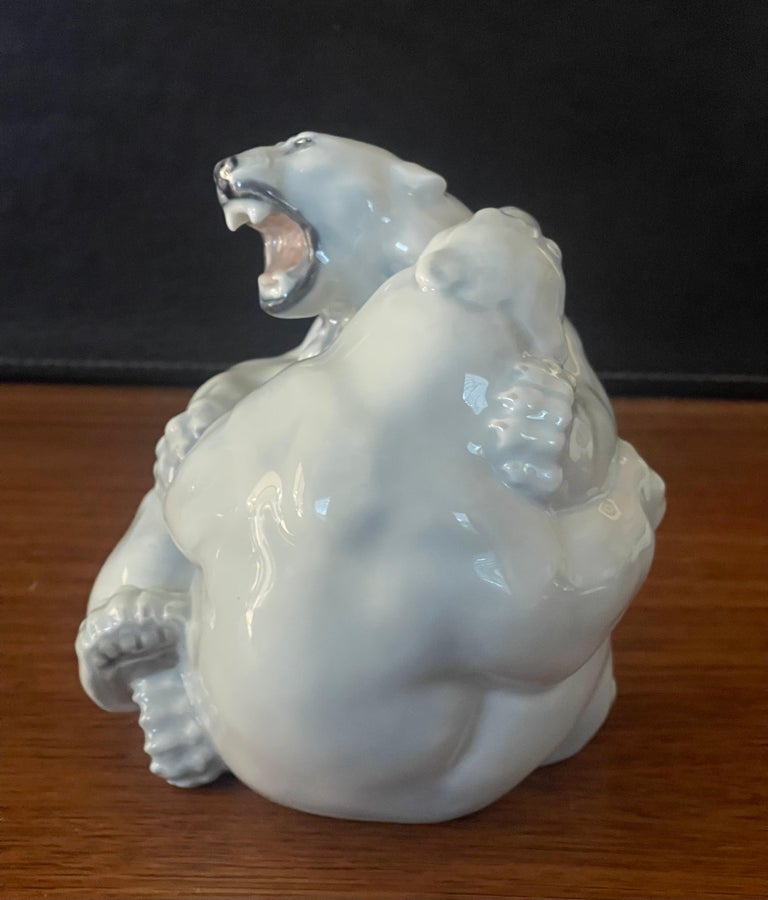 Porcelain Fighting Polar Bears Sculpture by Royal Copenhagen In Good Condition For Sale In San Diego, CA
