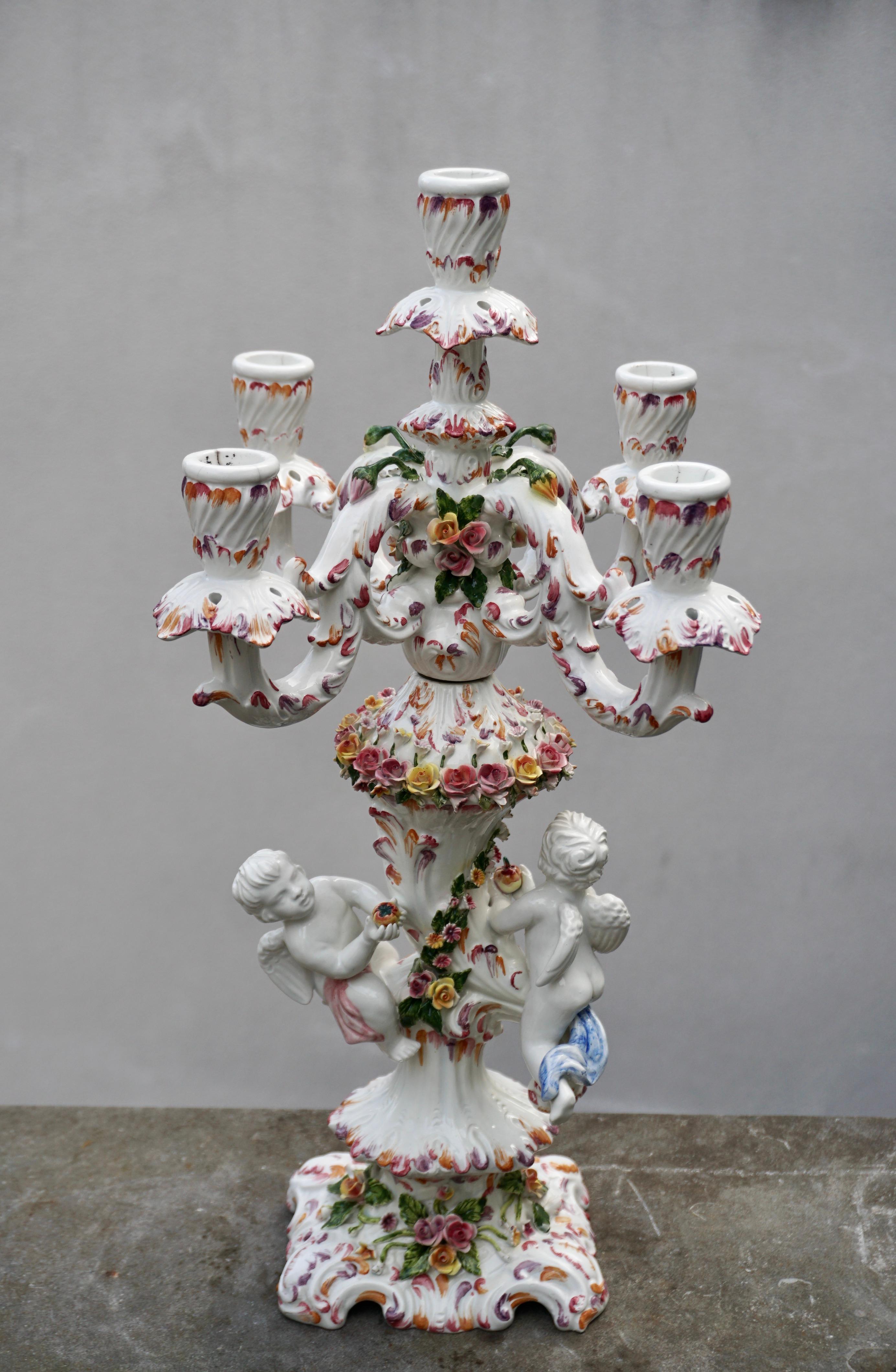 Hollywood Regency Porcelain Figural Cherub Floral Candelabra  For Sale