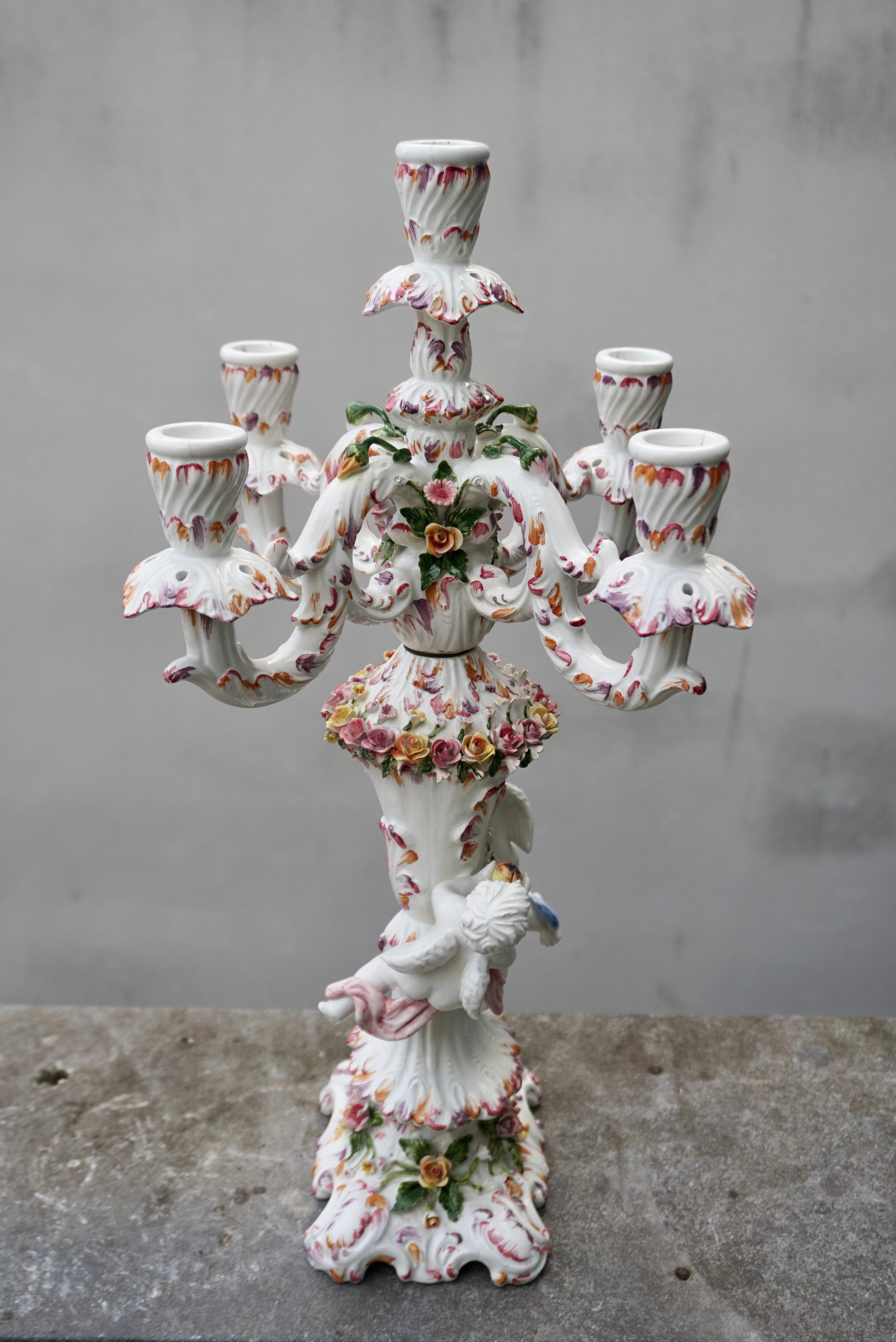 Italian Porcelain Figural Cherub Floral Candelabra  For Sale