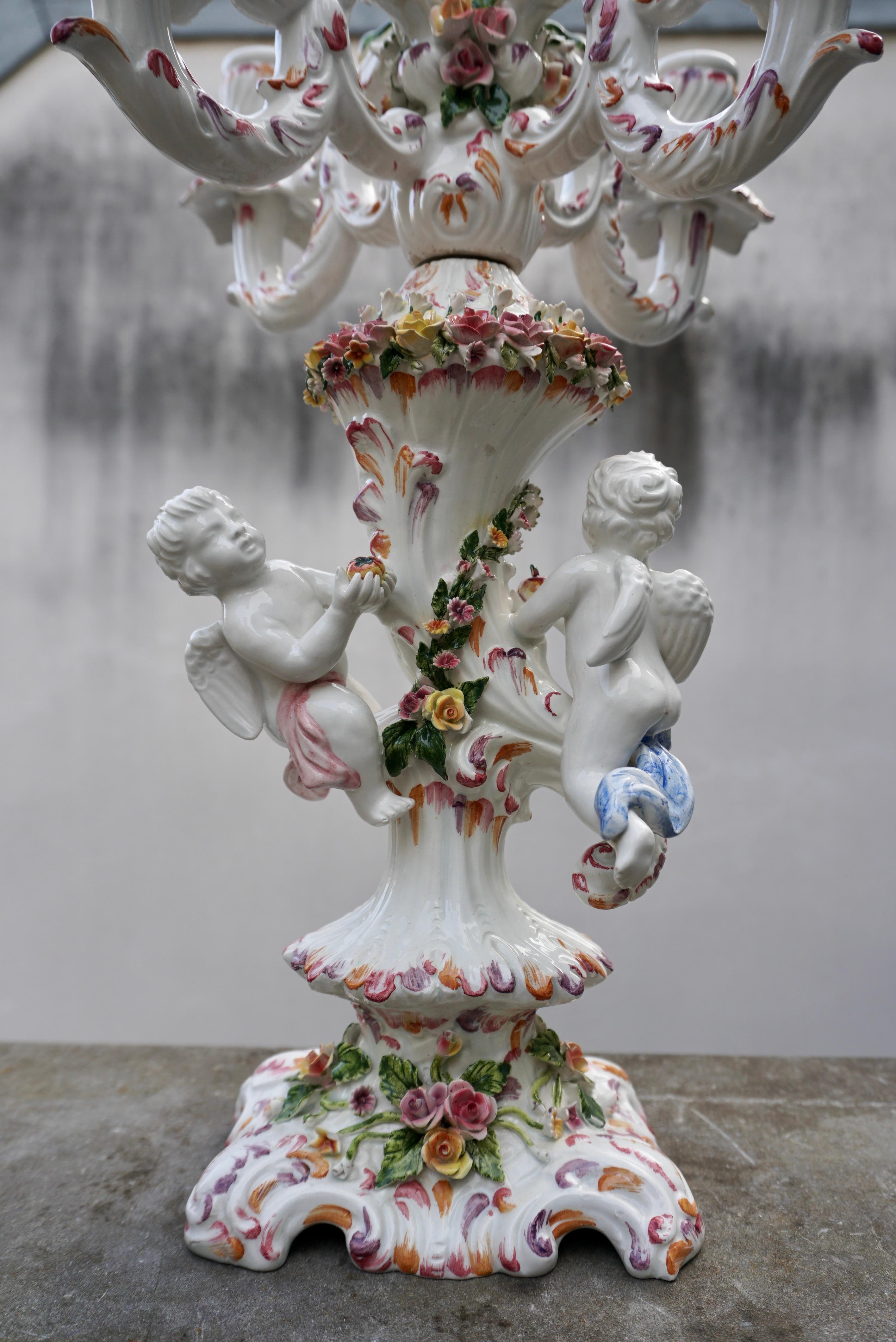 Hand-Crafted Porcelain Figural Cherub Floral Candelabra  For Sale