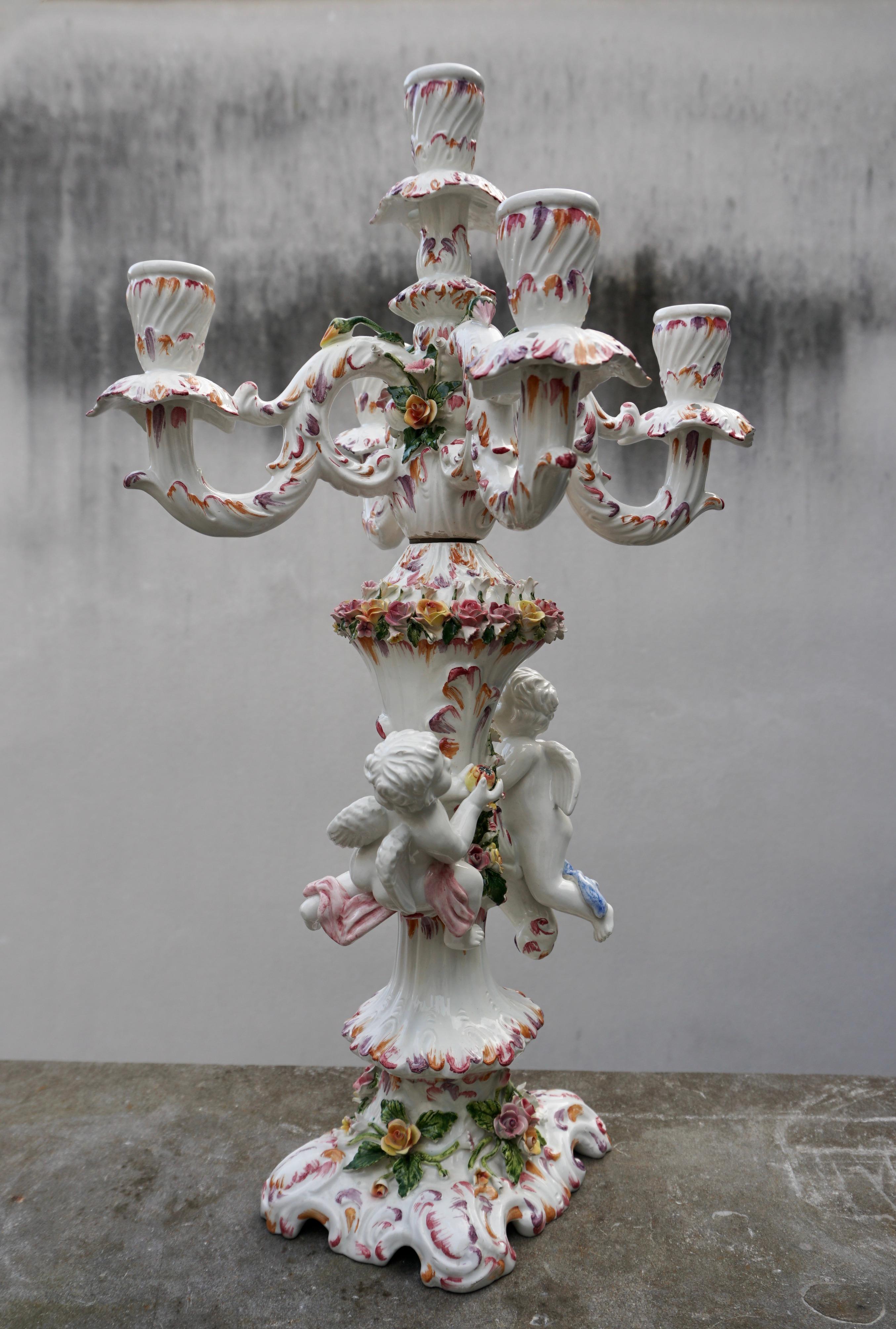 20th Century Porcelain Figural Cherub Floral Candelabra  For Sale