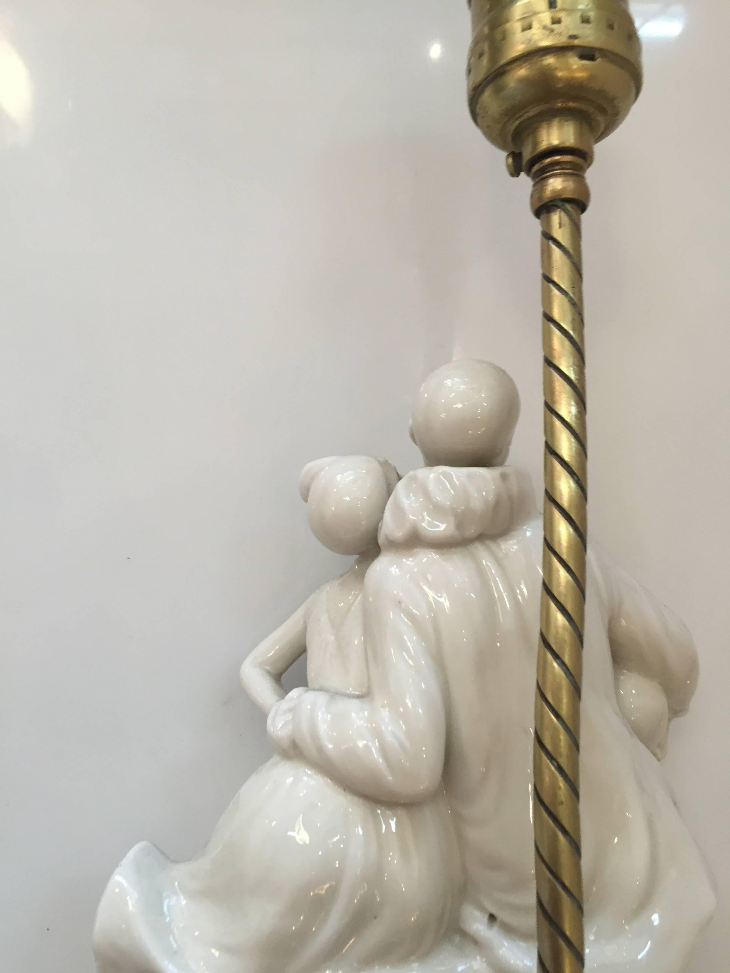 American Porcelain Figural Harlequin Lamp with Brass Base, circa 1920 For Sale