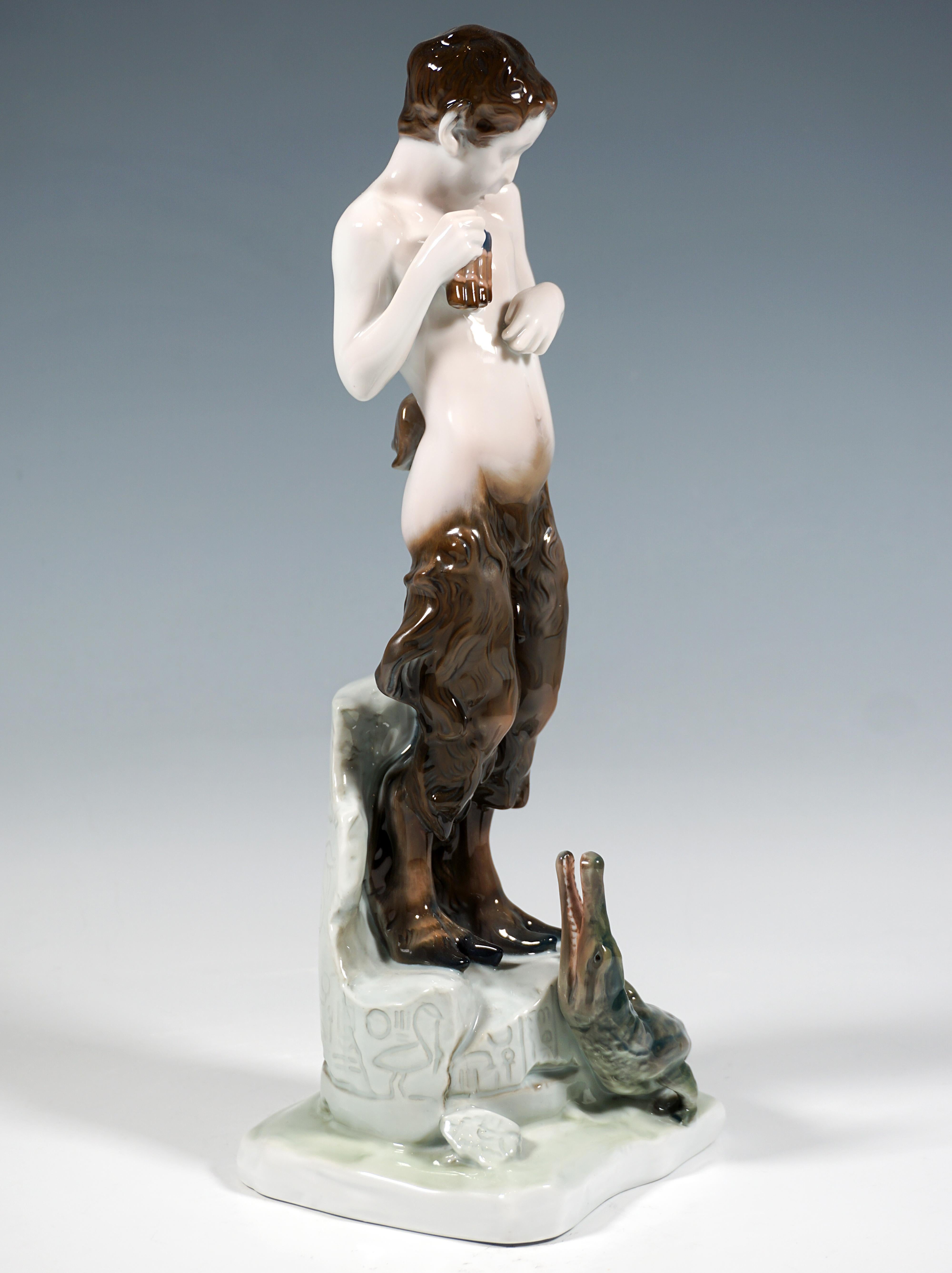 Hand-Painted Porcelain Figure, Faun With Crocodile, By Rosenthal Selb, Germany, Circa 1923 For Sale