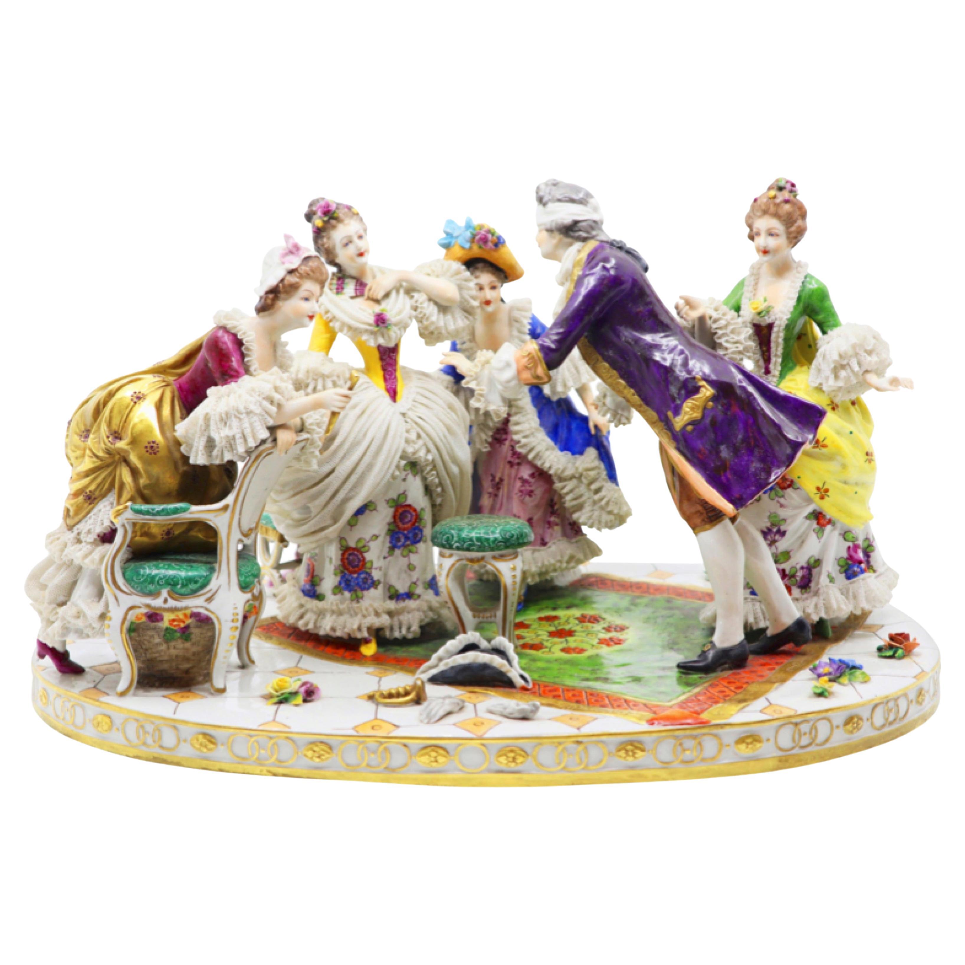 Groupe de figurines en porcelaine jouant du bonbon de l'aveugle 19ème siècle, français