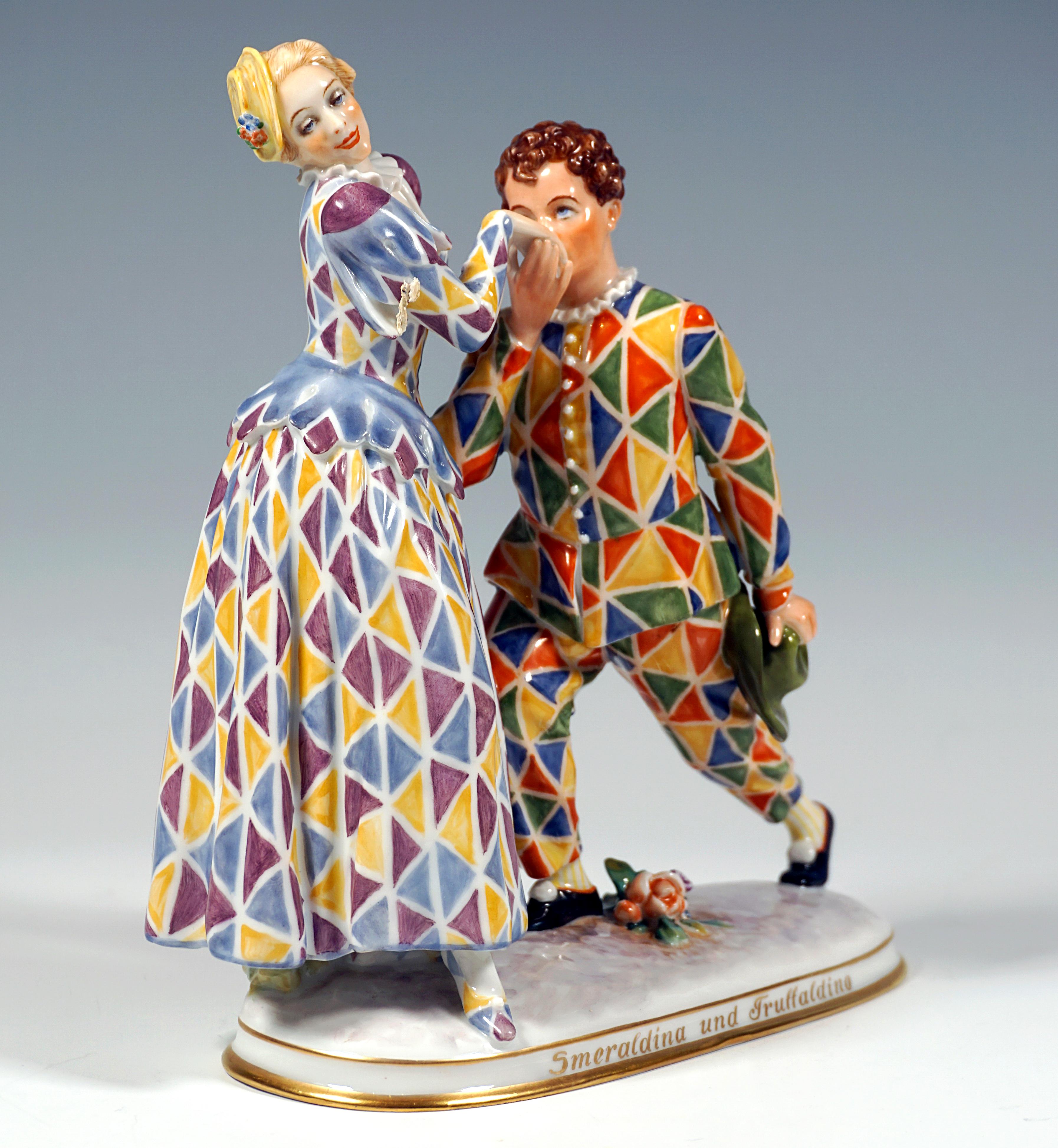 Depiction of a 'gallant couple' in clothing with harlequin decoration, the lady in an elegantly cut dress with hat, looking to the side and offering her hand to the gallant for a kiss, the latter in front of her in a wide lunge and kissing her with