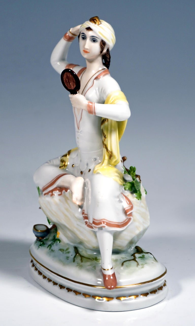 Art Deco Porcelain Figure, Seated Oriental Woman with Mirror, R. Förster, Rosenthal, 1923 For Sale