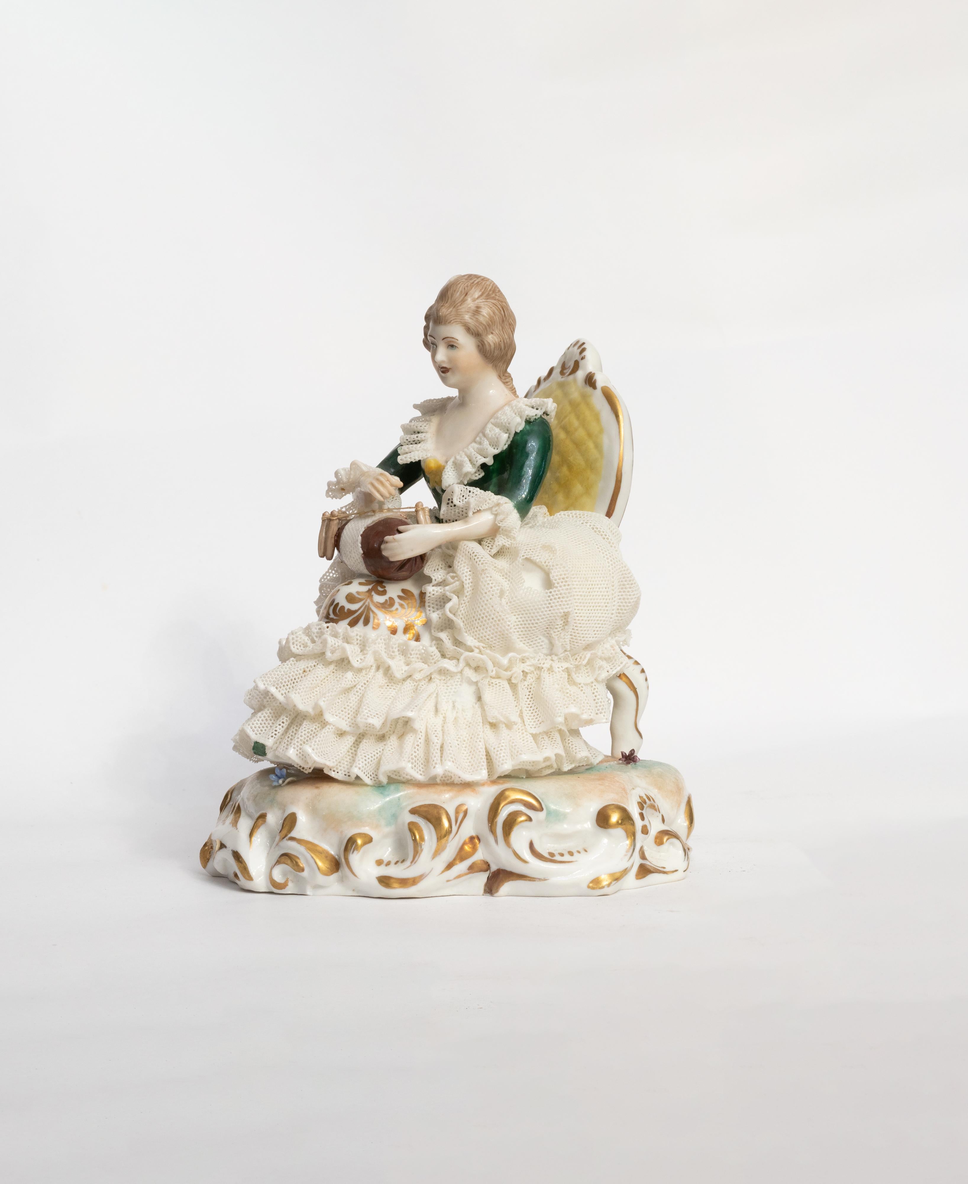 19th Century Porcelain Figure Woman In Armchair By Capodimonte, 1834 For Sale