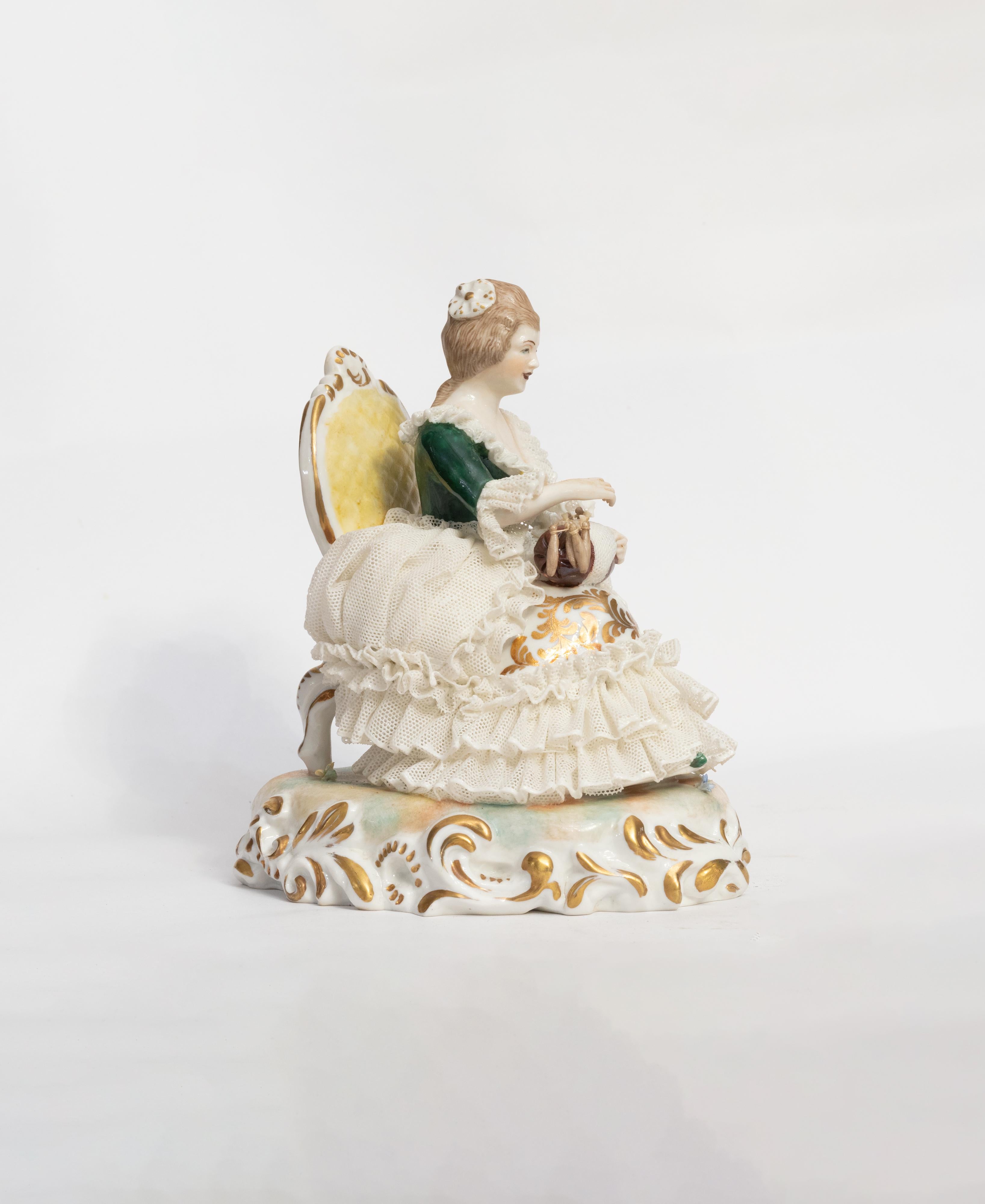 Baroque Porcelain Figure Woman In Armchair By Capodimonte, 1834 For Sale