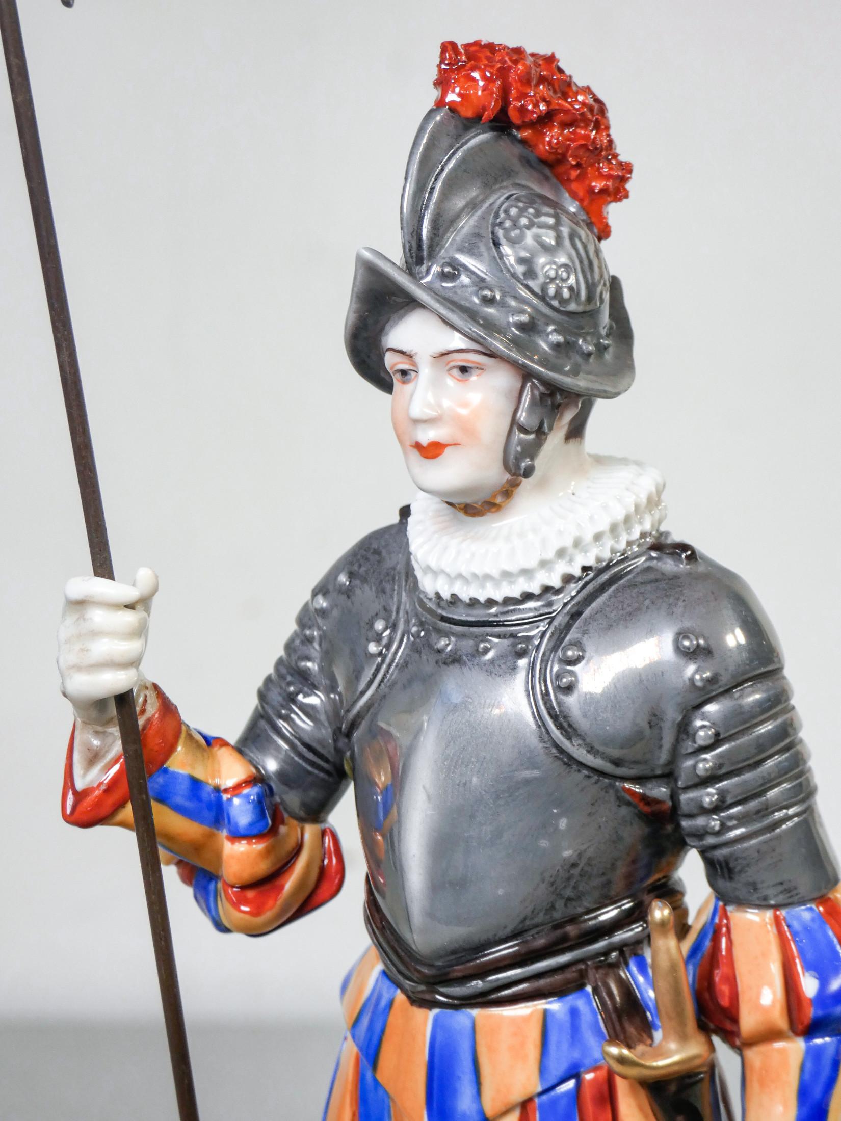 German Porcelain Figurine Aelteste Volkstedt, Pontifical Swiss Guard, Early 20th C