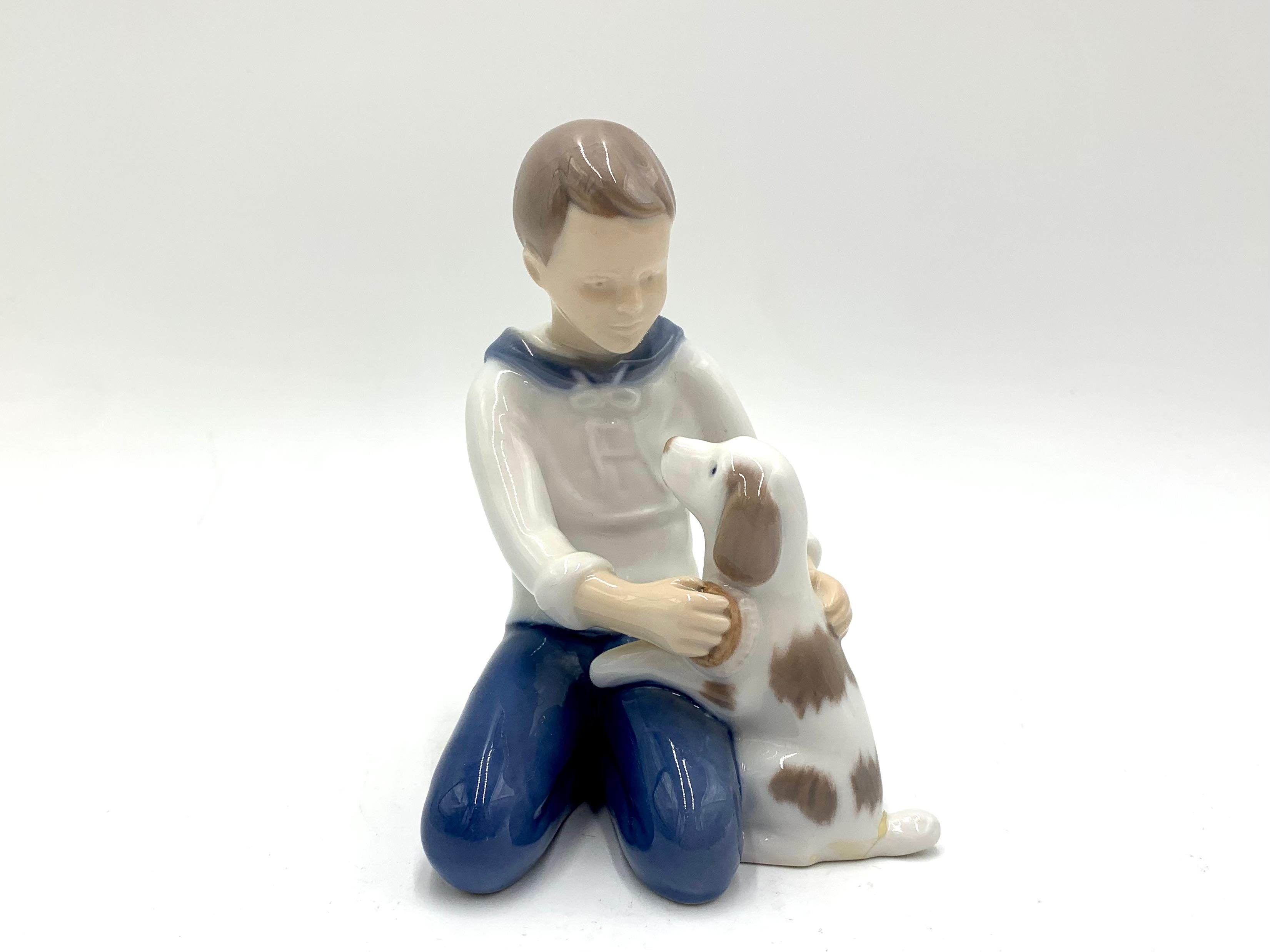 Mid-Century Modern Porcelain Figurine of a Boy with a Dog, Bing & Grondahl, Denmark, 1950s