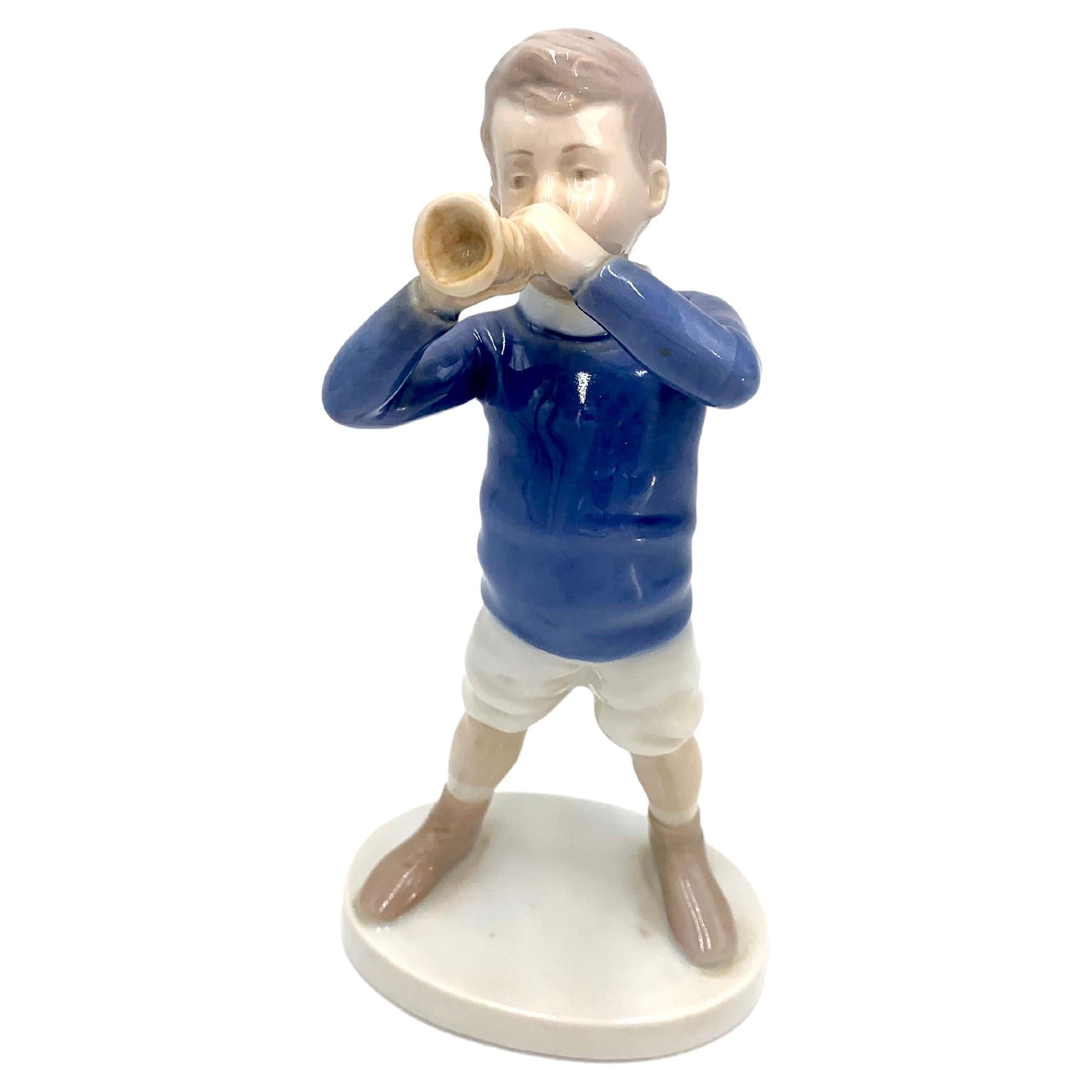Porcelain Figurine of a Boy with a Trumpet, Bing & Grondahl, Denmark, 1970s/80s For Sale