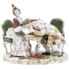 Porcelain Figurine of a Couple Playing Chess, Germany, Hand Painted