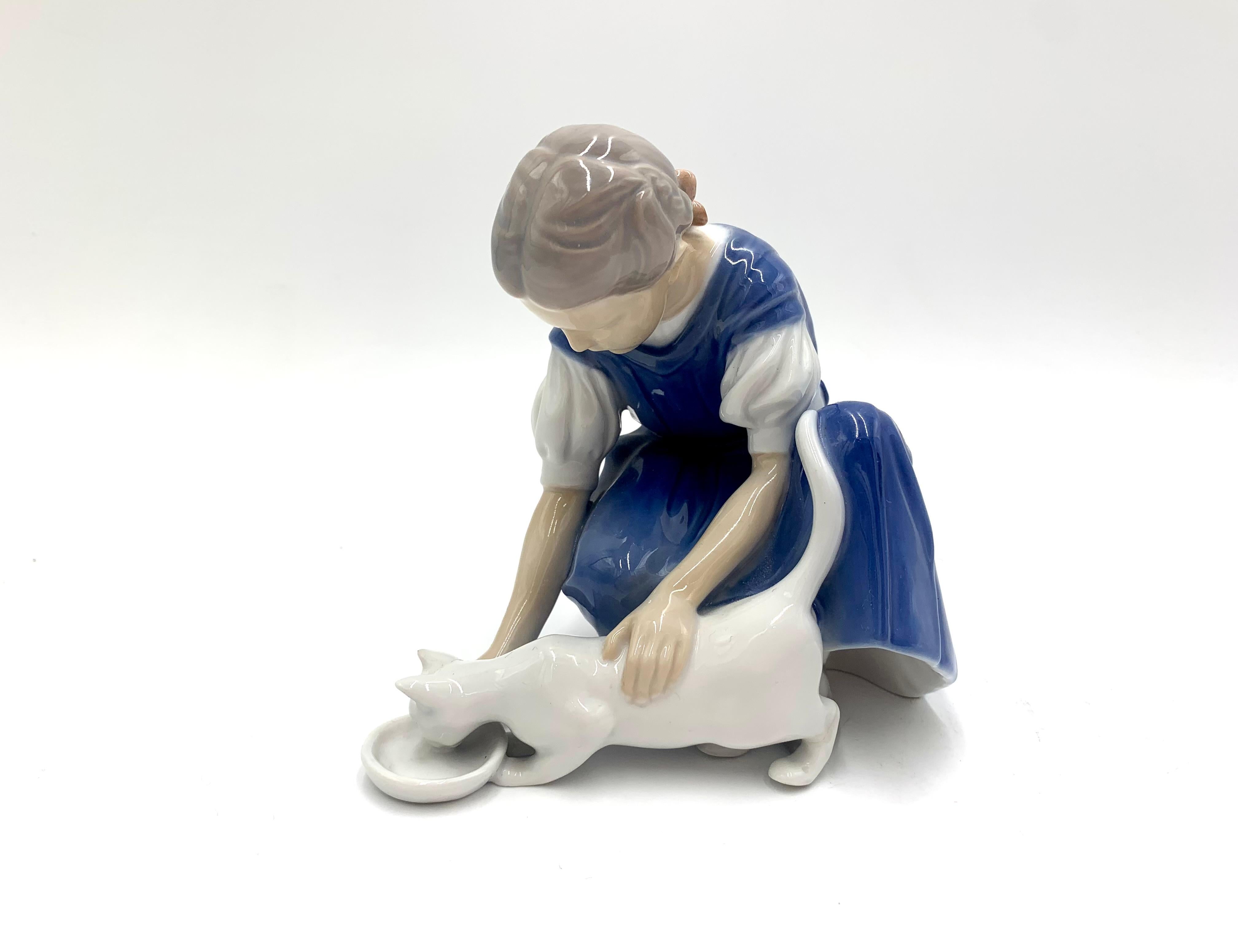 20th Century Porcelain Figurine of a Girl with a Cat, Bing & Grondahl, Denmark, 1950s / 1960s