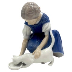 Porcelain Figurine of a Girl with a Cat, Bing & Grondahl, Denmark, 1950s / 1960s