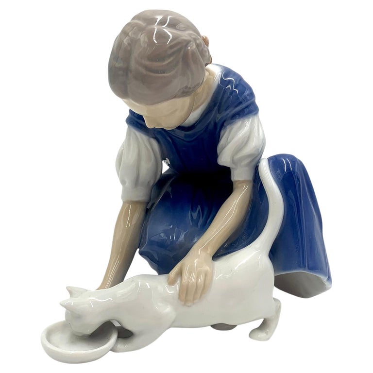 Porcelain Figurine of a Girl with a Cat, Bing & Grondahl, Denmark, 1950s / 1960s For Sale