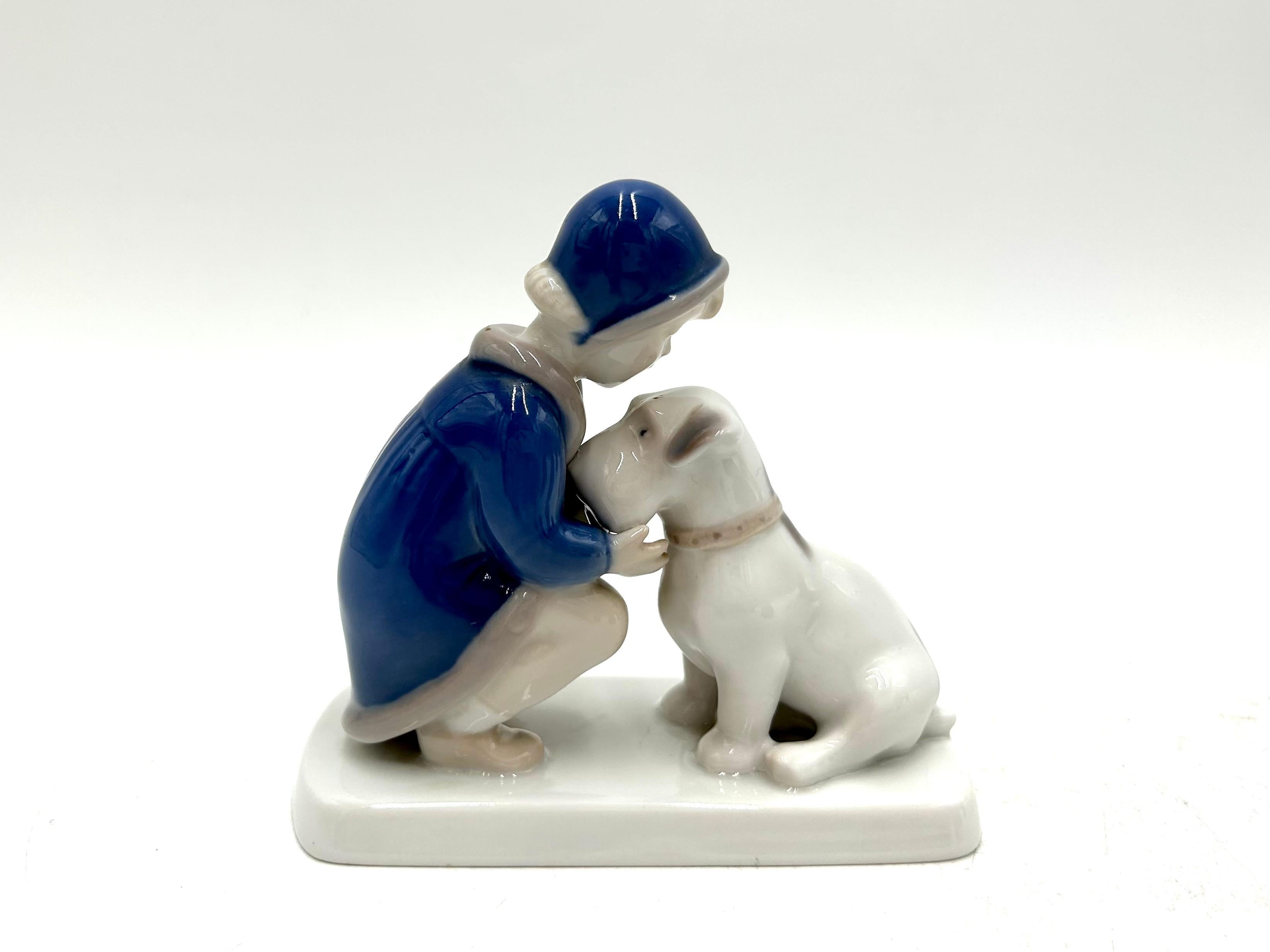 Scandinavian Modern Porcelain Figurine of a Girl with a Dog, Bing & Grondahl, Denmark, 1950s