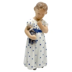 Retro Porcelain Figurine of a Girl with a Doll, Royal Copenhagen, Denmark