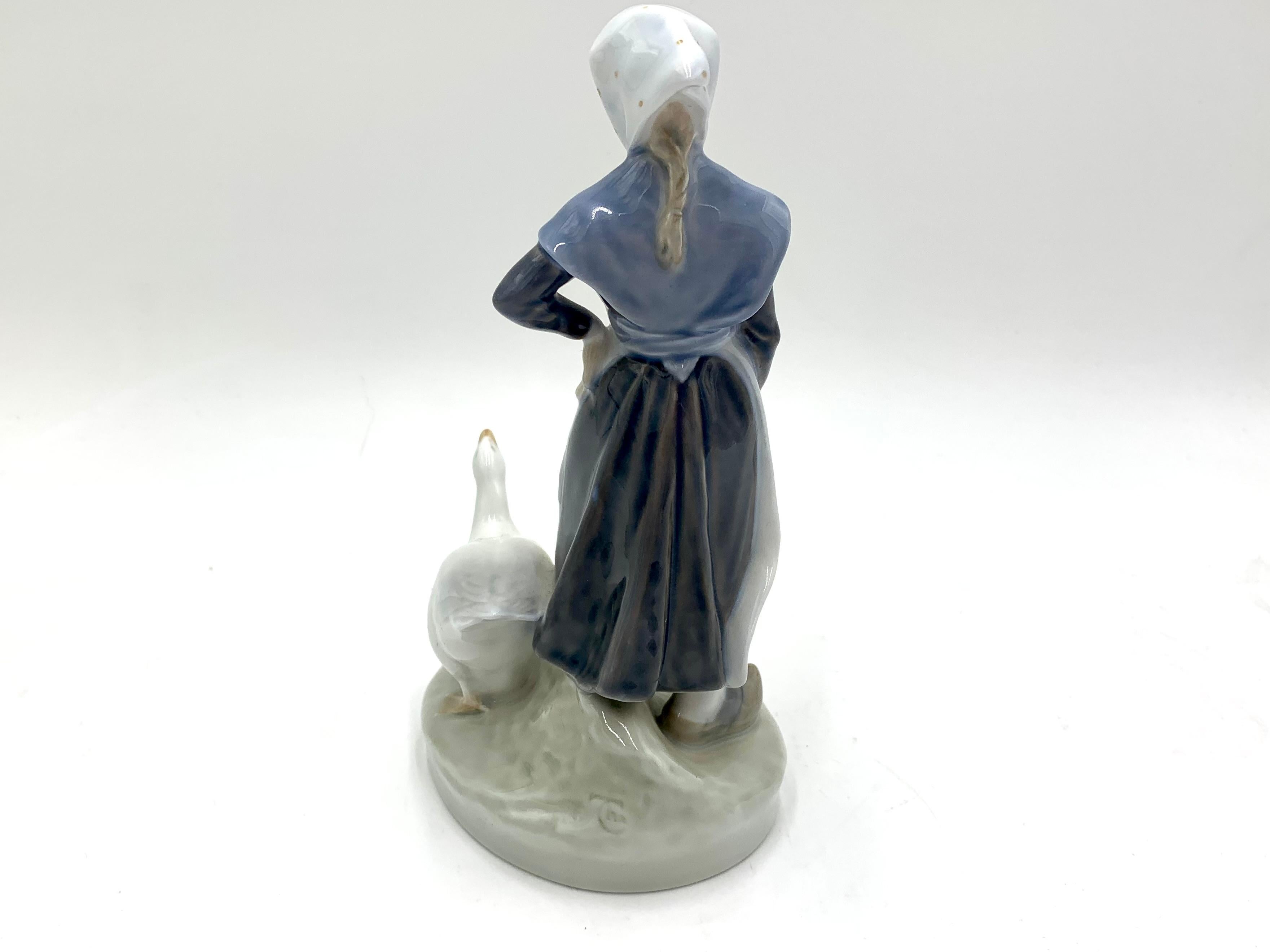 Mid-Century Modern Porcelain Figurine of a Girl with a Goose, Royal Copenhagen, Denmark
