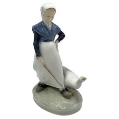 Porcelain Figurine of a Girl with a Goose, Royal Copenhagen, Denmark